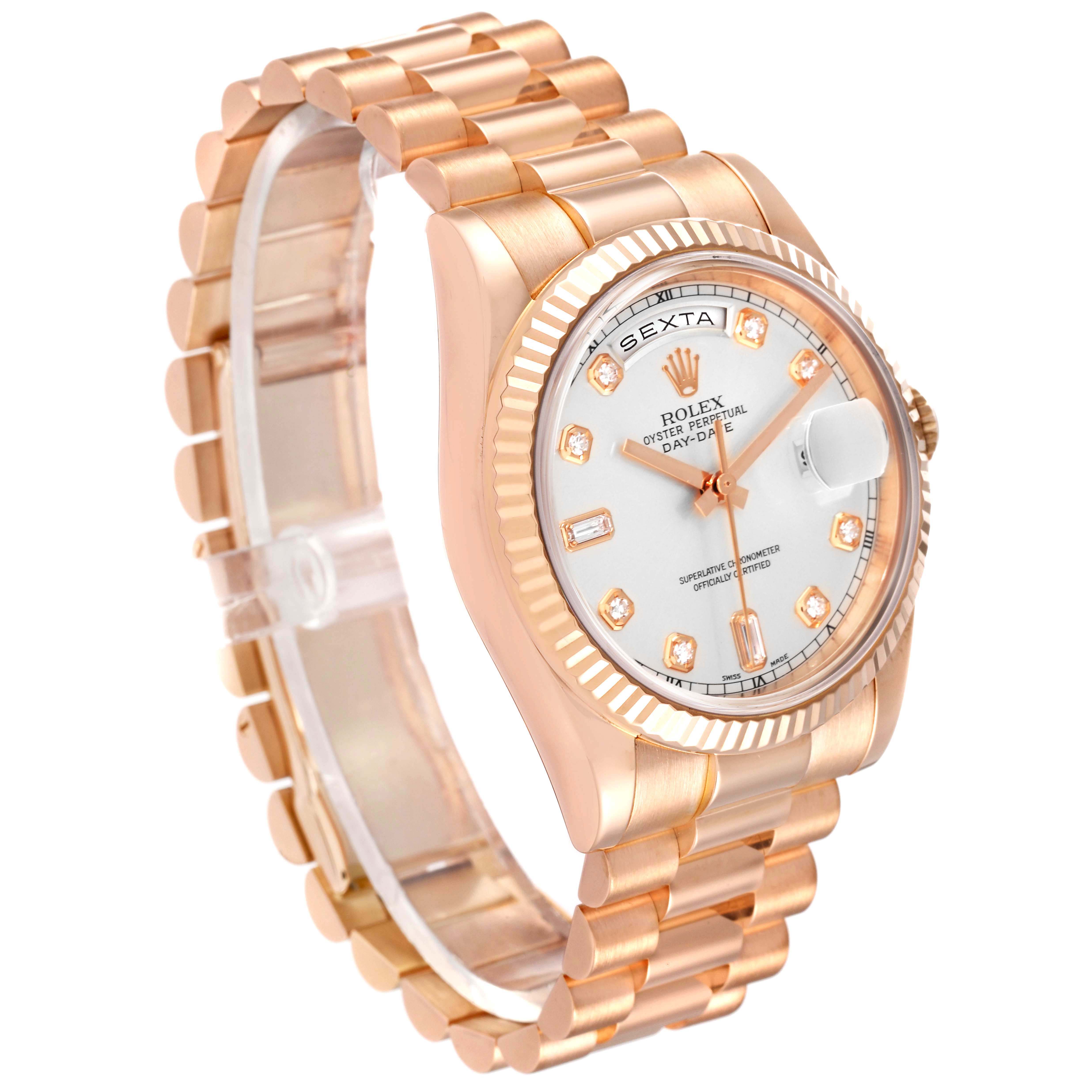 This image shows a Rolex President 118235 Men's Rose Gold Silver Dial 118235 Men's Rose Gold Silver Dial model watch from an angle highlighting the face, band, and side profile.
