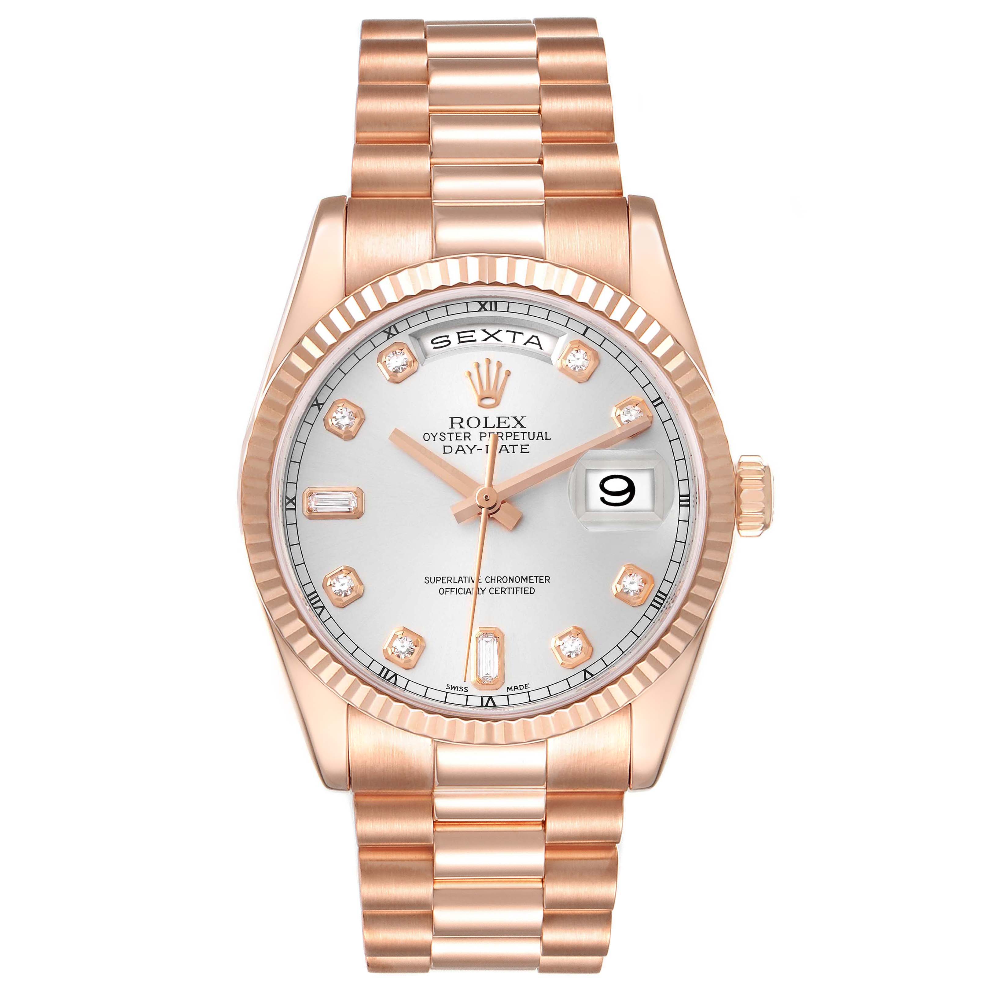 The image shows a frontal view of a Rolex President 118235 Men's Rose Gold Silver Dial 118235 Men's Rose Gold Silver Dial model watch, featuring the dial, bracelet, and bezel.