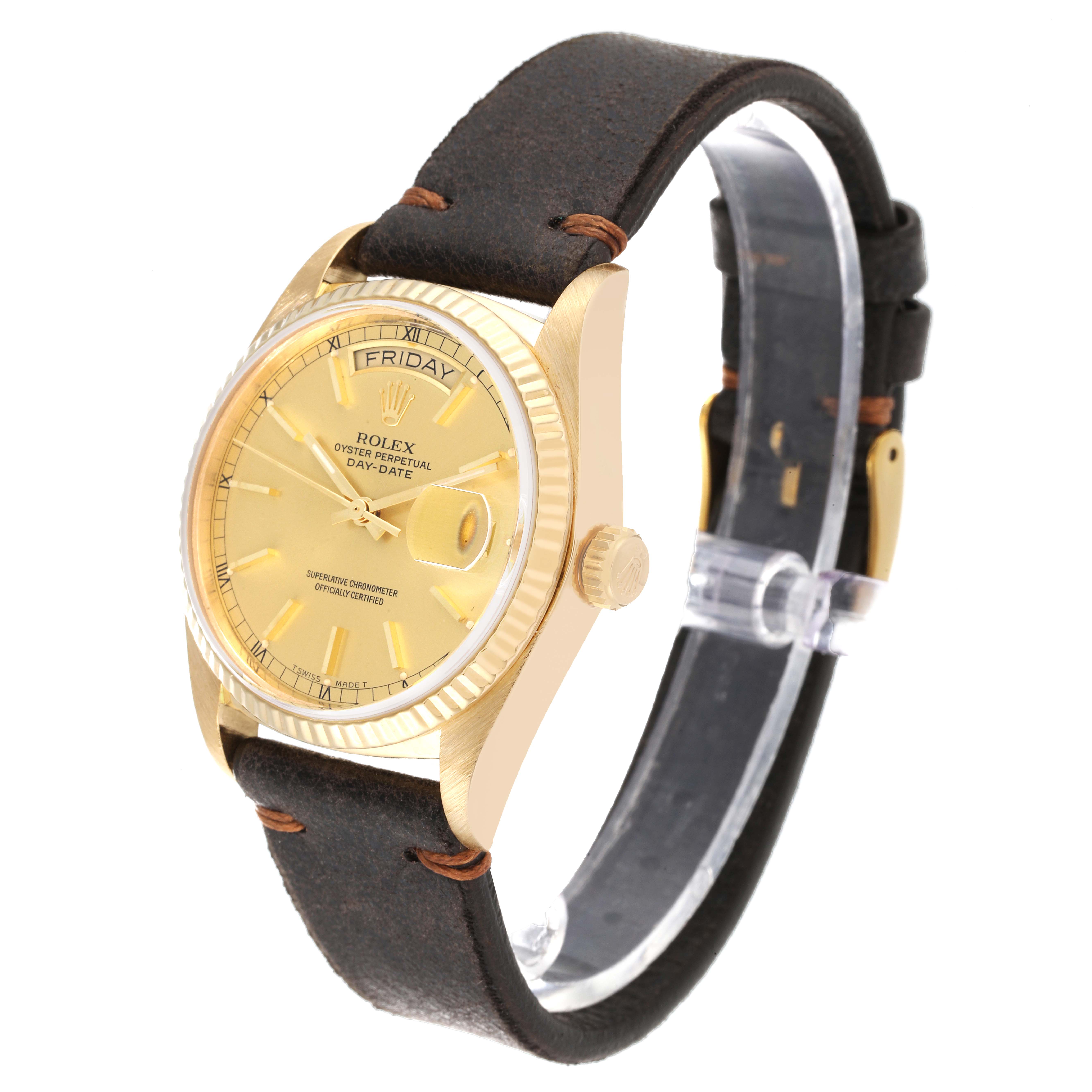 The image shows a side angle of the Rolex President 18038 Men's Yellow Gold Champagne Dial 18038 Men's Yellow Gold Champagne Dial model watch, highlighting its face, bezel, crown, and leather strap.