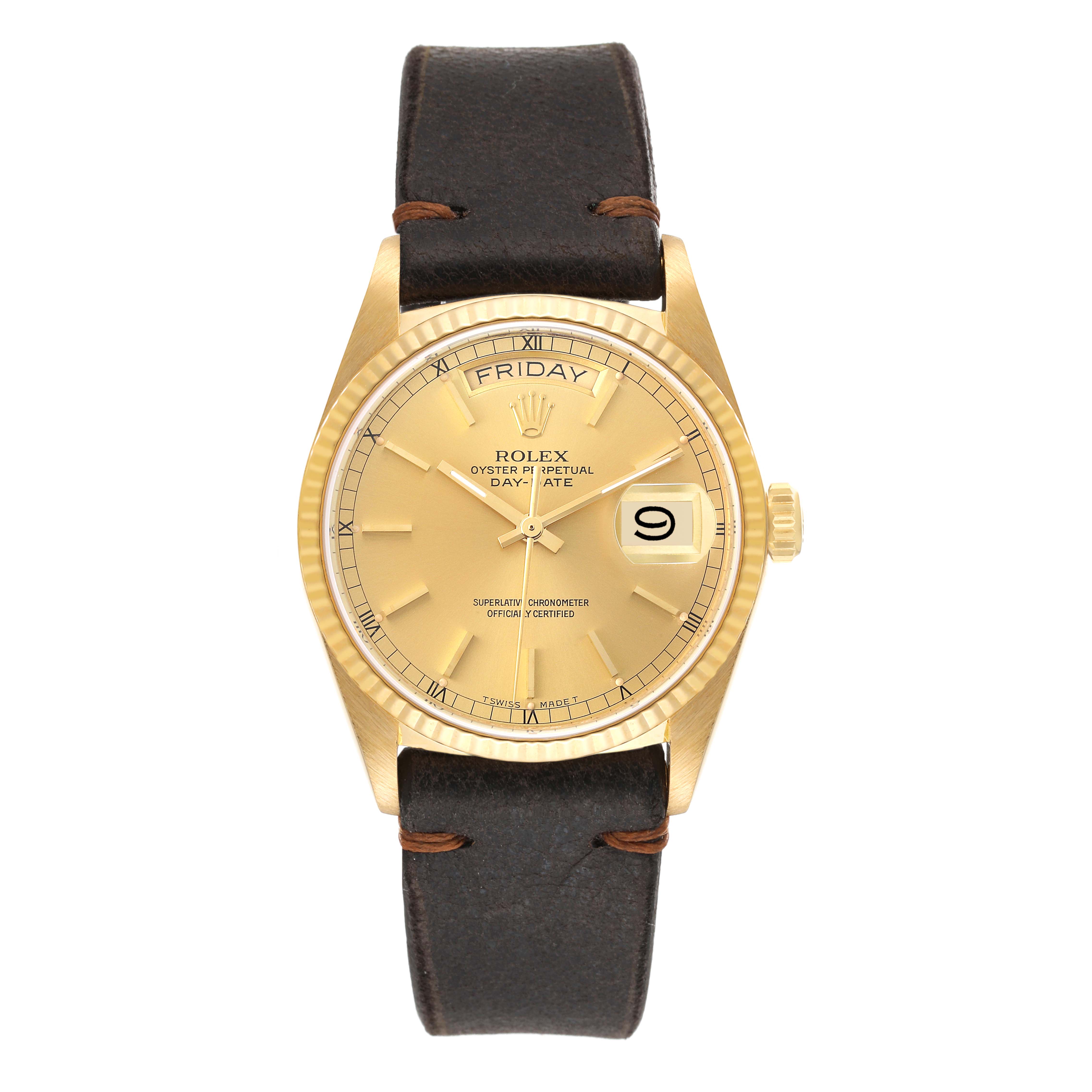 This image shows a front view of a Rolex President 18038 Men's Yellow Gold Champagne Dial 18038 Men's Yellow Gold Champagne Dial model watch with a black leather strap.