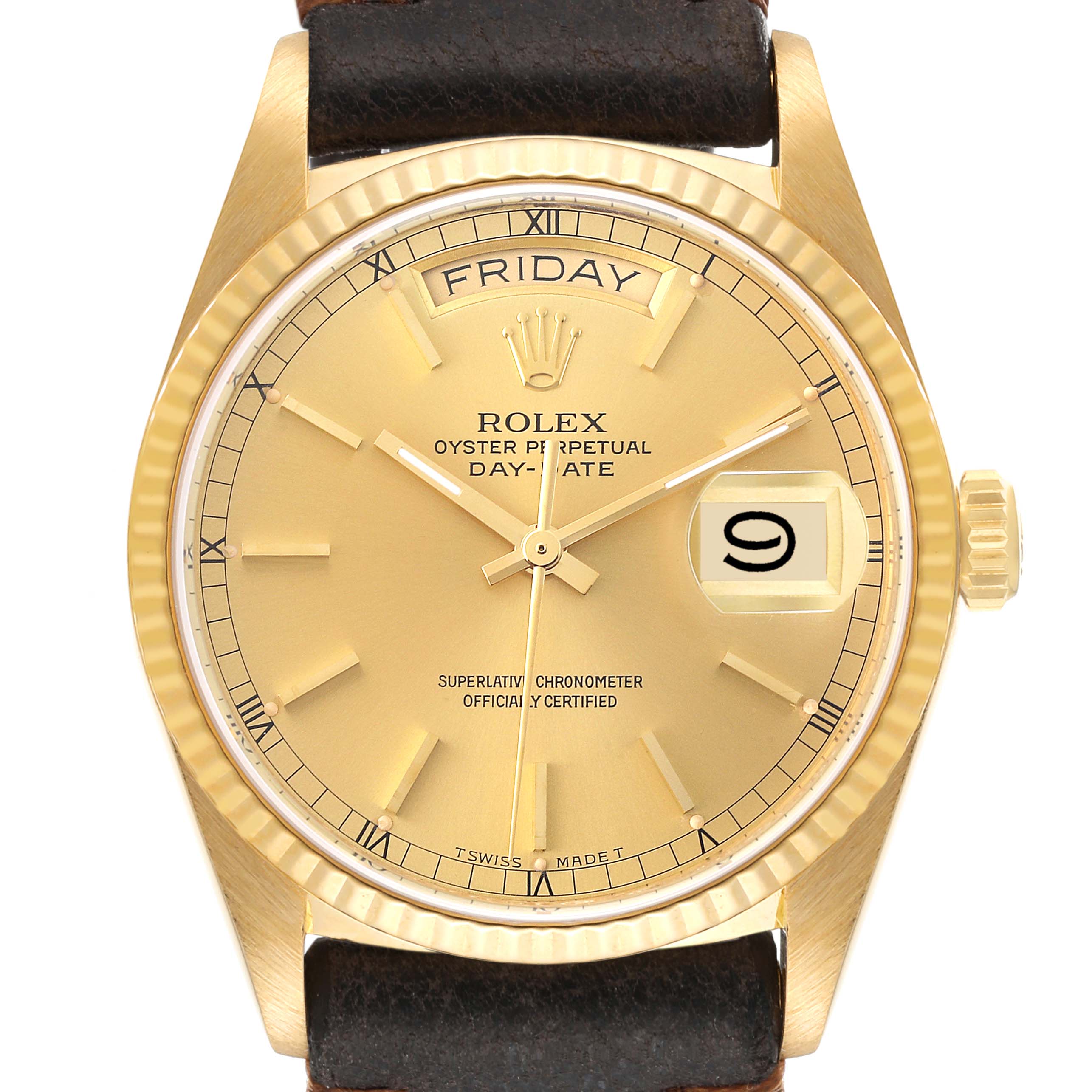 The image shows a front view of the President model Rolex watch, highlighting the dial, hands, day, and date functions.