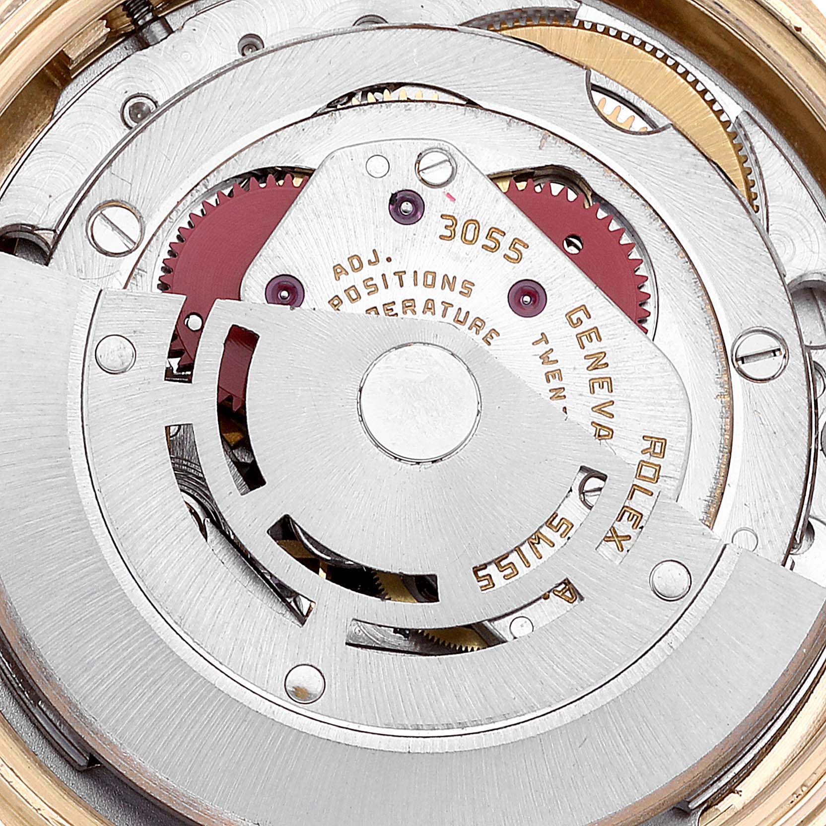 The image shows the inner mechanical movement of a Rolex President 18038 Men's Yellow Gold Champagne Dial 18038 Men's Yellow Gold Champagne Dial model watch.