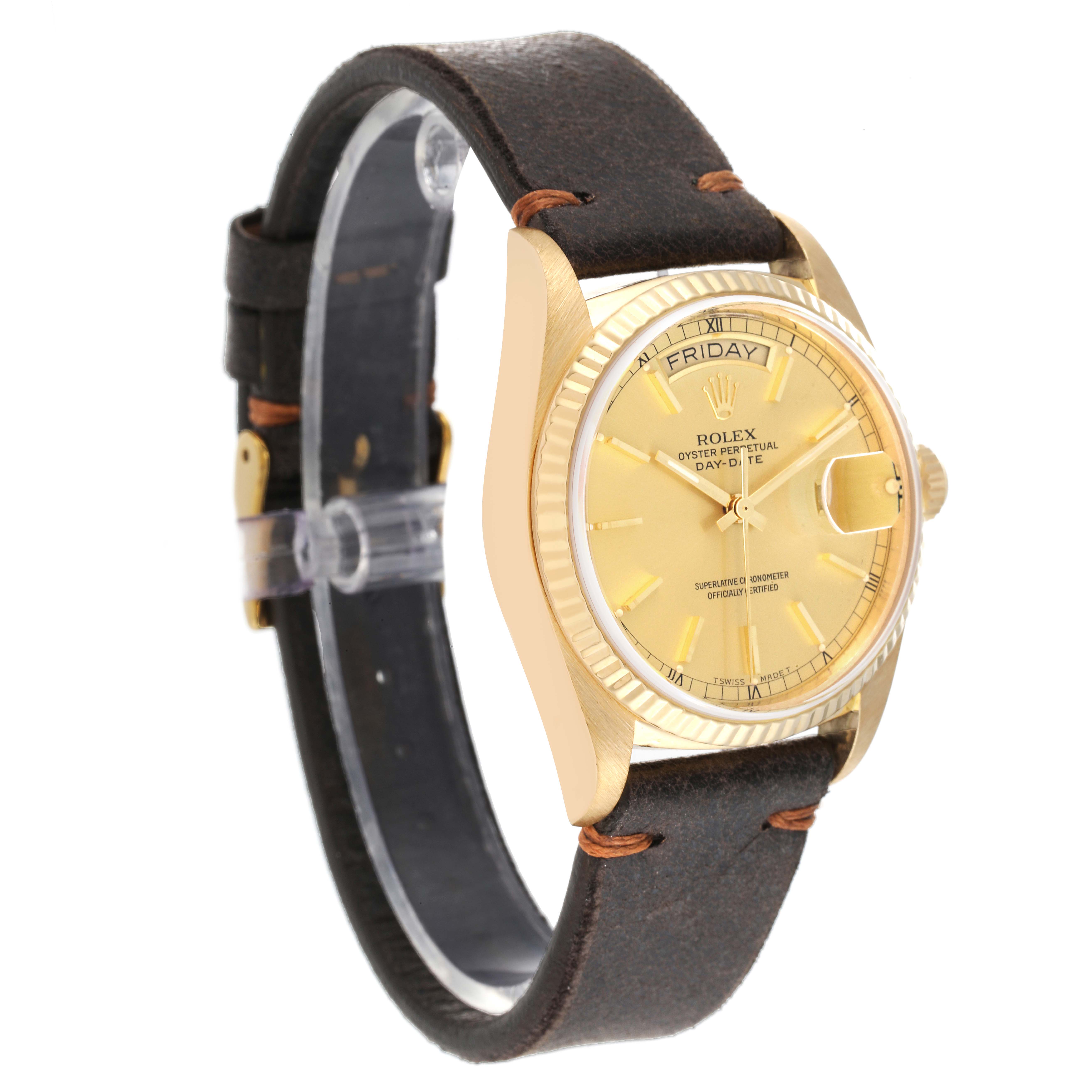 This image shows a Rolex President 18038 Men's Yellow Gold Champagne Dial 18038 Men's Yellow Gold Champagne Dial model watch at a slight angle, featuring a gold case and dial with a black leather strap.