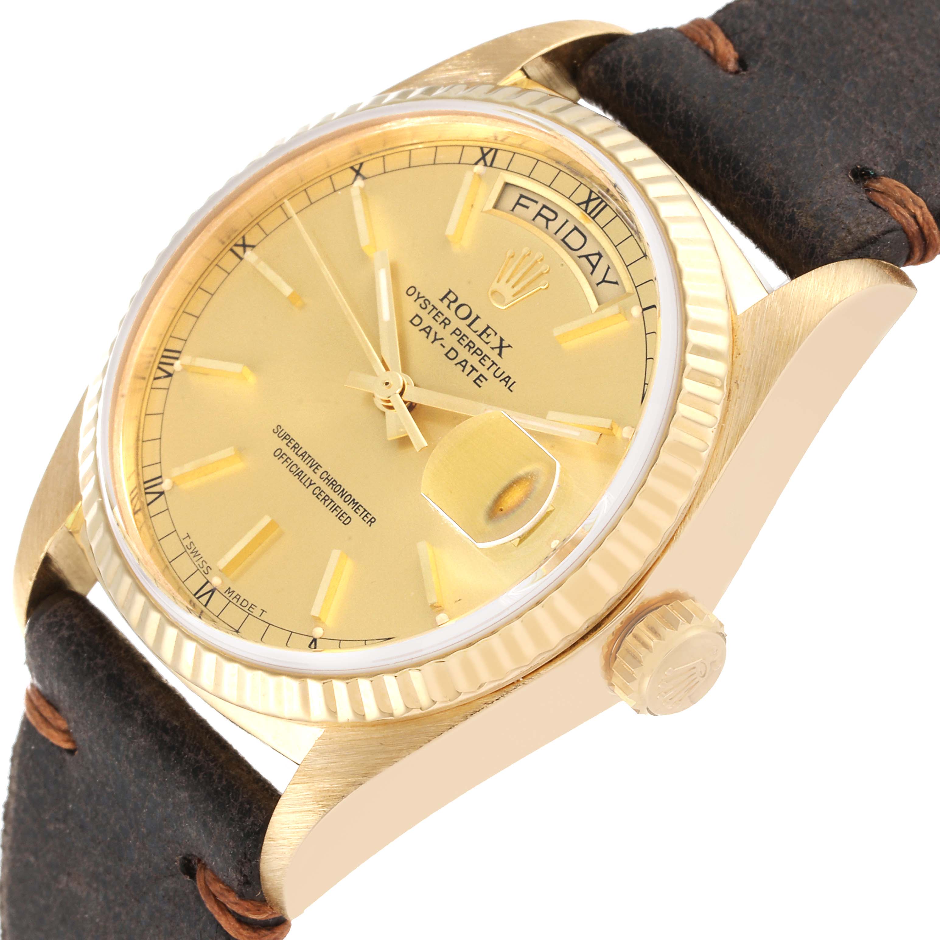 The Rolex President 18038 Men's Yellow Gold Champagne Dial 18038 Men's Yellow Gold Champagne Dial model watch is showcased at an angled view highlighting the dial, crown, and part of the strap.