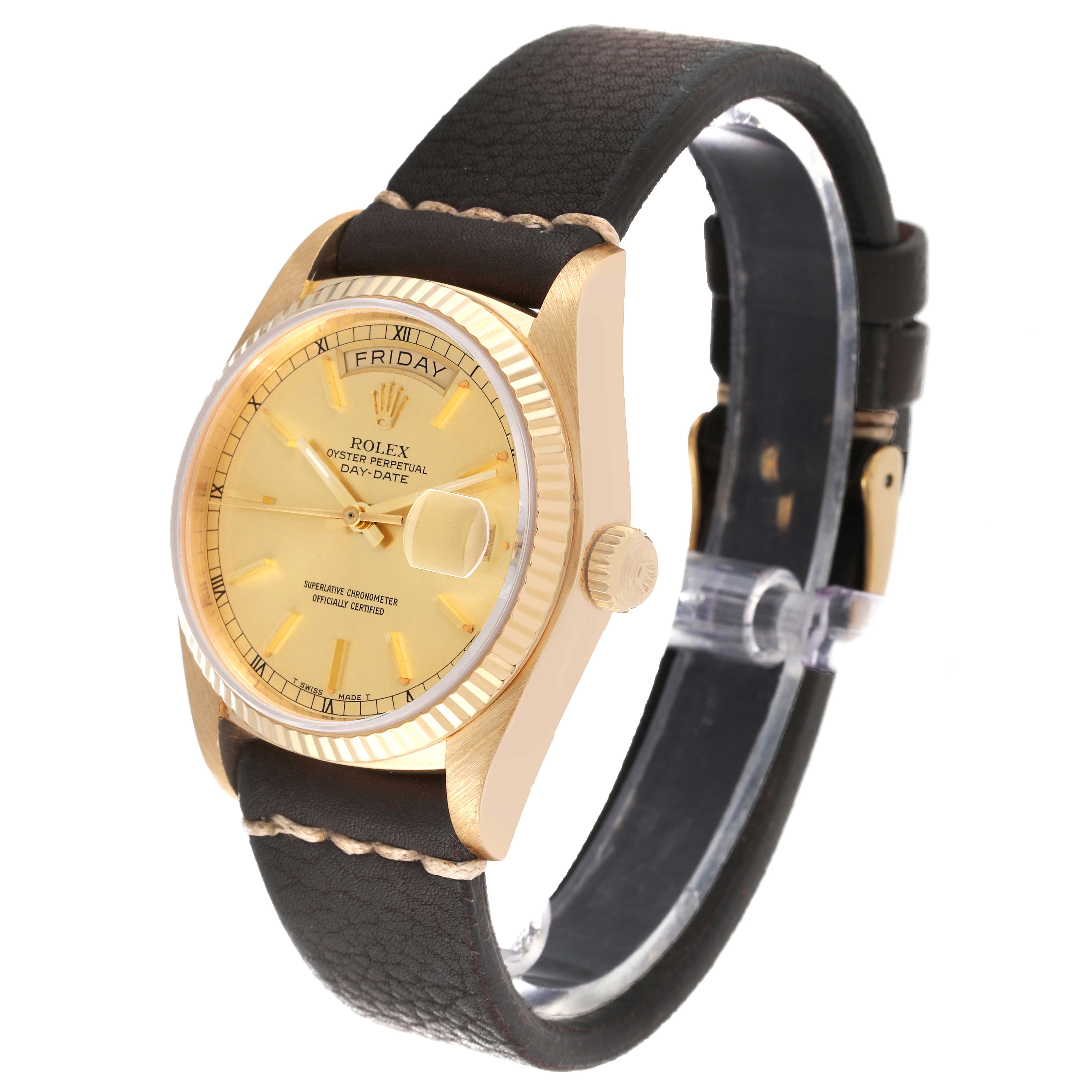 The image shows a Rolex President 18038 Men's Yellow Gold Champagne Dial 18038 Men's Yellow Gold Champagne Dial Day-Date watch from a front angle, displaying its gold dial, bezel, and leather strap.