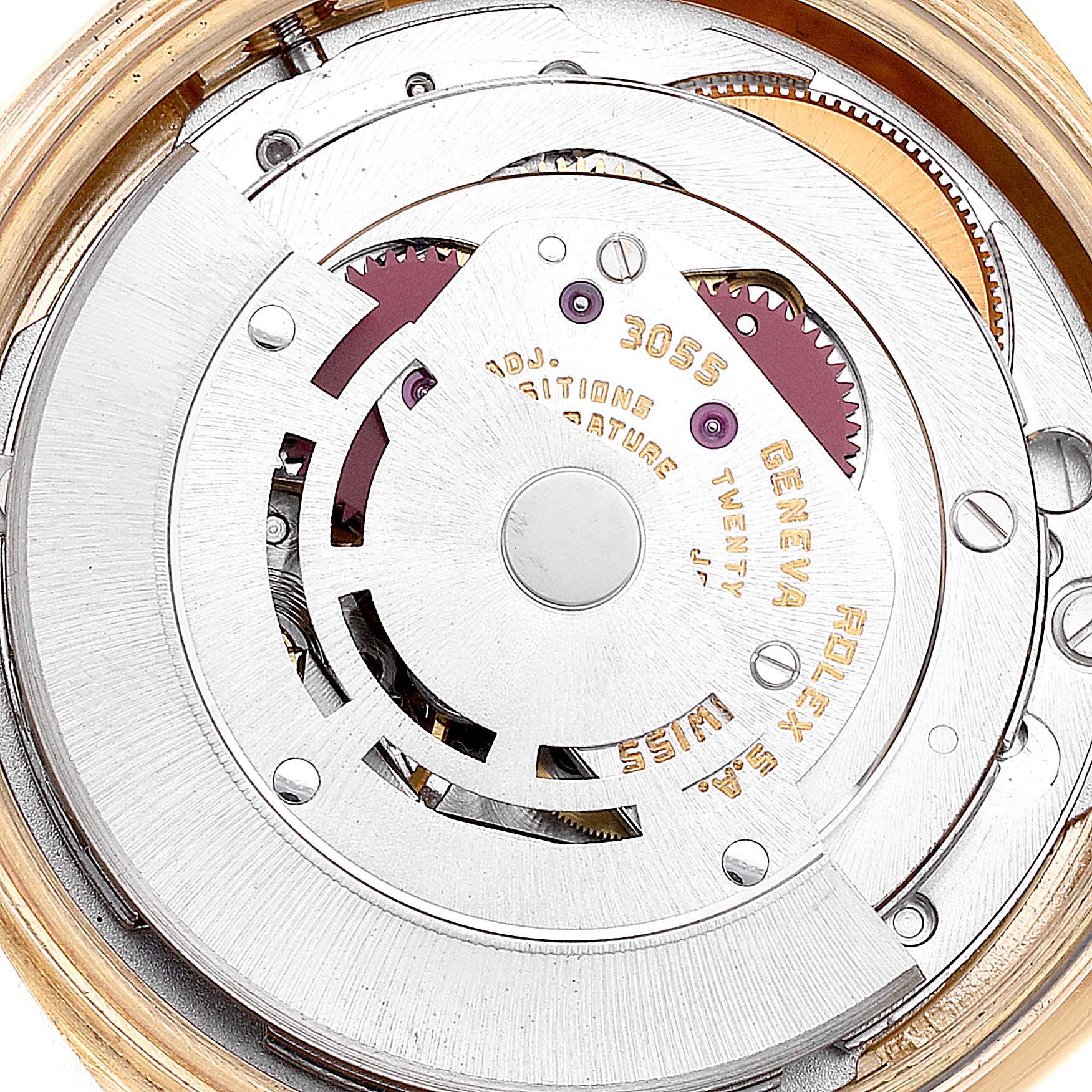 The image shows the internal mechanical movement of a Rolex President 18038 Men's Yellow Gold Champagne Dial 18038 Men's Yellow Gold Champagne Dial model watch viewed from the back.