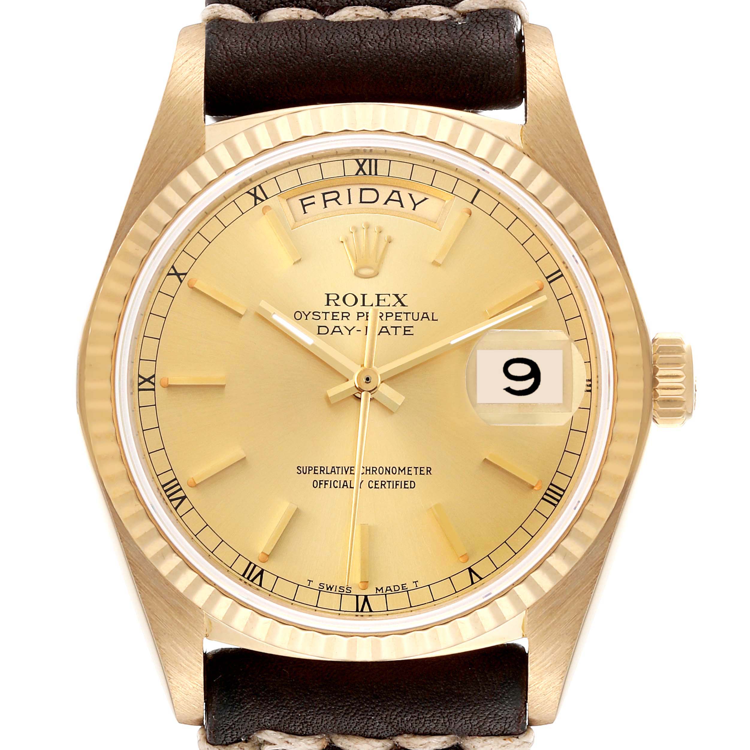 This is a close-up view of the face of a Rolex President 18038 Men's Yellow Gold Champagne Dial 18038 Men's Yellow Gold Champagne Dial model, highlighting the dial, hands, day-date window, and fluted bezel.