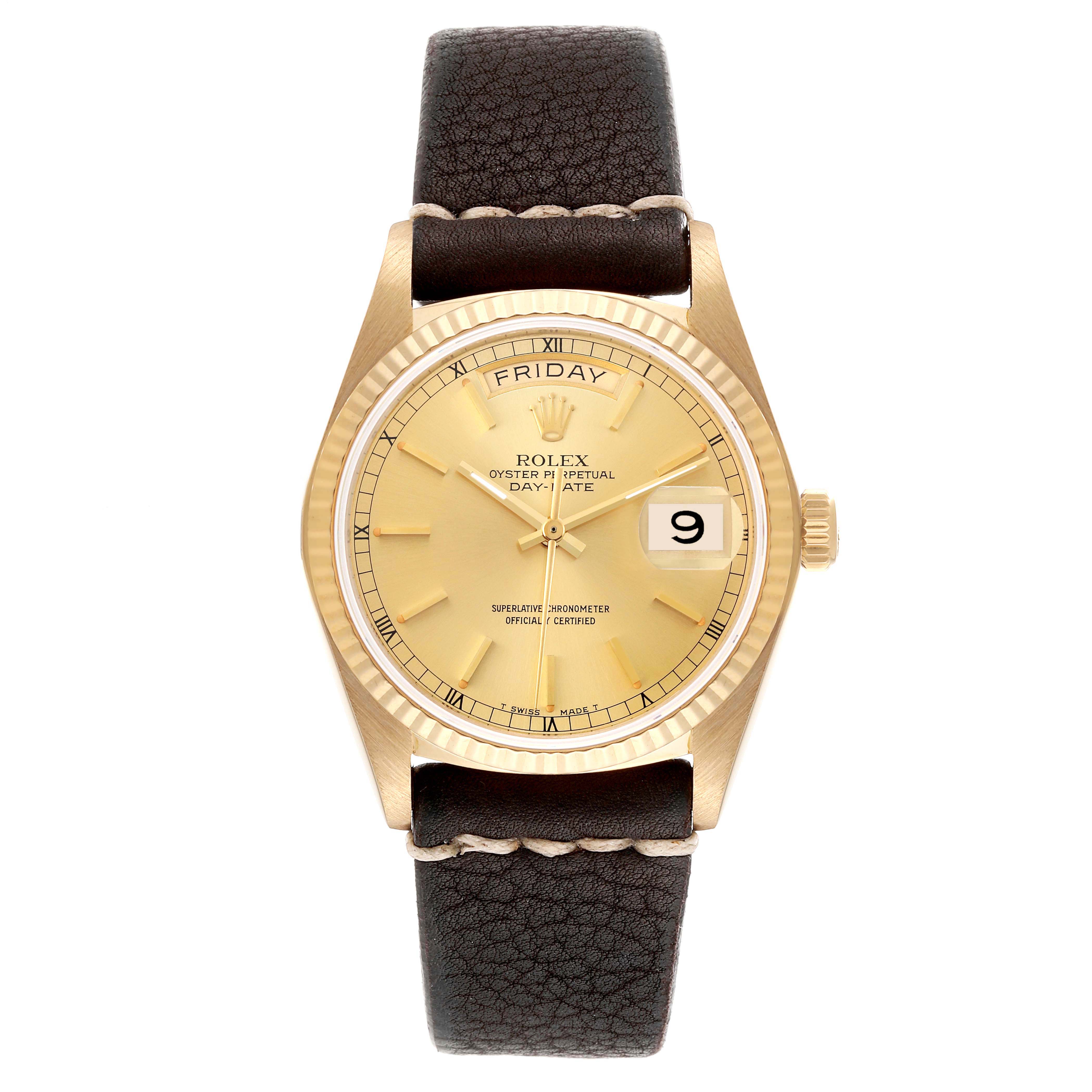 This image shows a Rolex President 18038 Men's Yellow Gold Champagne Dial 18038 Men's Yellow Gold Champagne Dial watch from a top-down angle, featuring its face, bezel, crown, and leather strap.