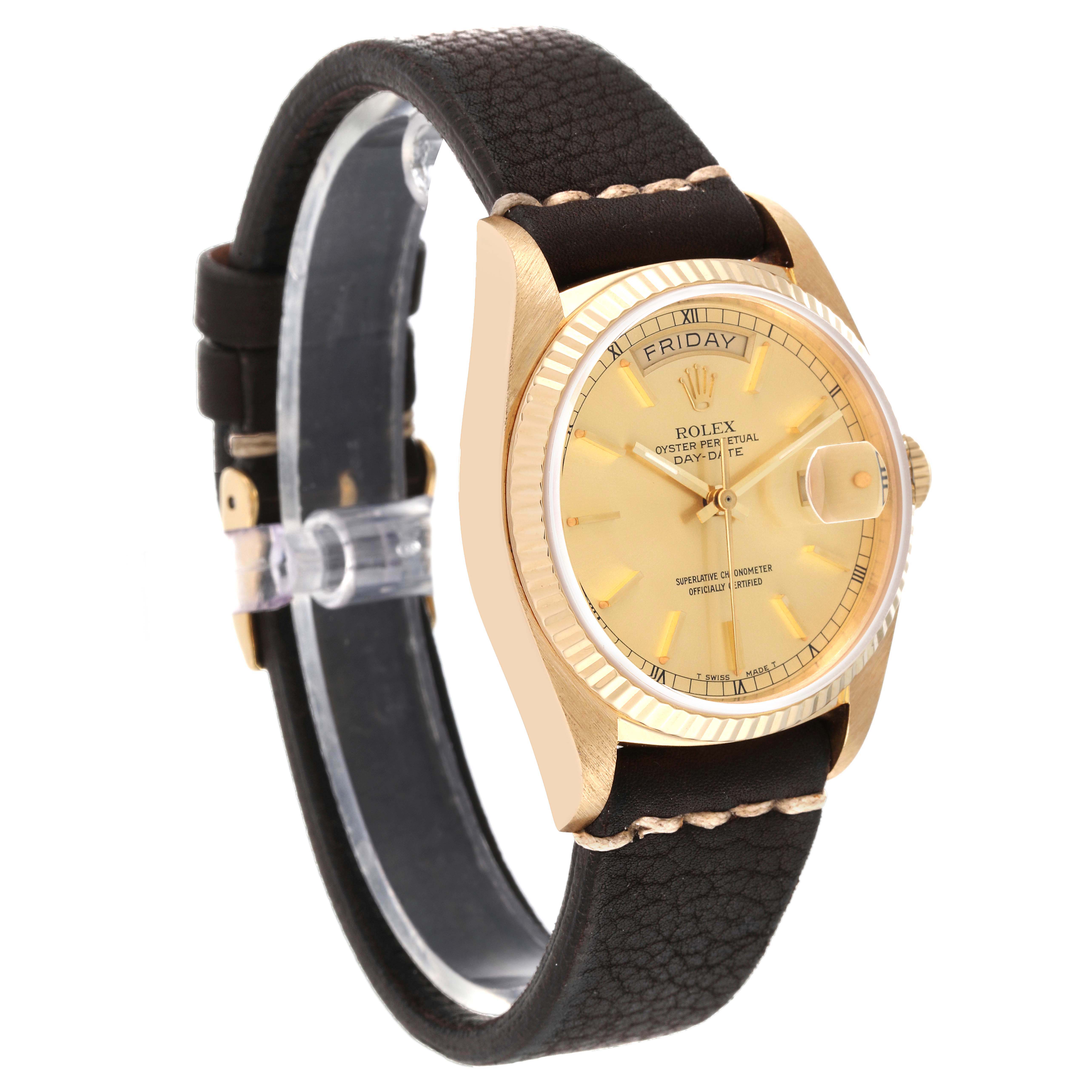 The image shows a Rolex President 18038 Men's Yellow Gold Champagne Dial 18038 Men's Yellow Gold Champagne Dial model watch from a slightly angled side view, highlighting its gold case, leather strap, and dial details.