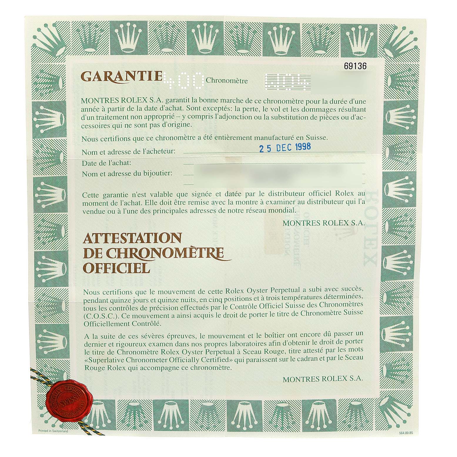 The image shows a warranty certificate for the Rolex President 69136 Women's Platinum Mother of Pearl Dial 69136 Women's Platinum Mother of Pearl Dial model watch.