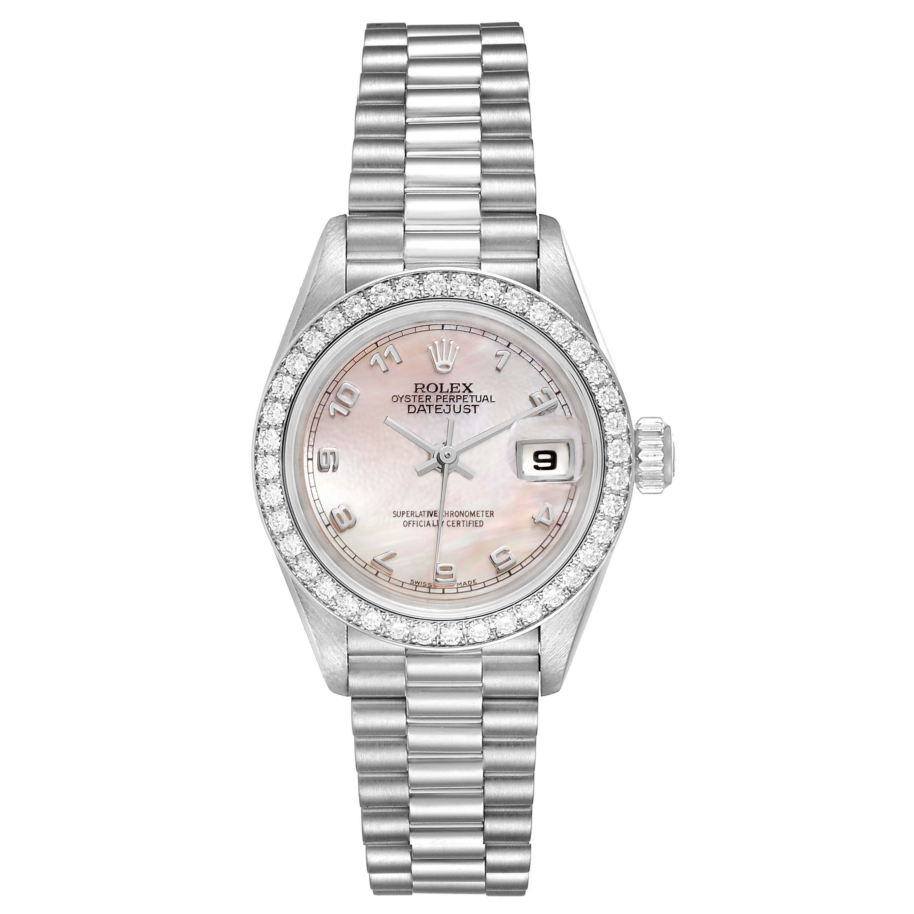 The image shows a Rolex President 69136 Women's Platinum Mother of Pearl Dial 69136 Women's Platinum Mother of Pearl Dial model watch from a top-down angle, displaying the face, bezel, and band in full detail.