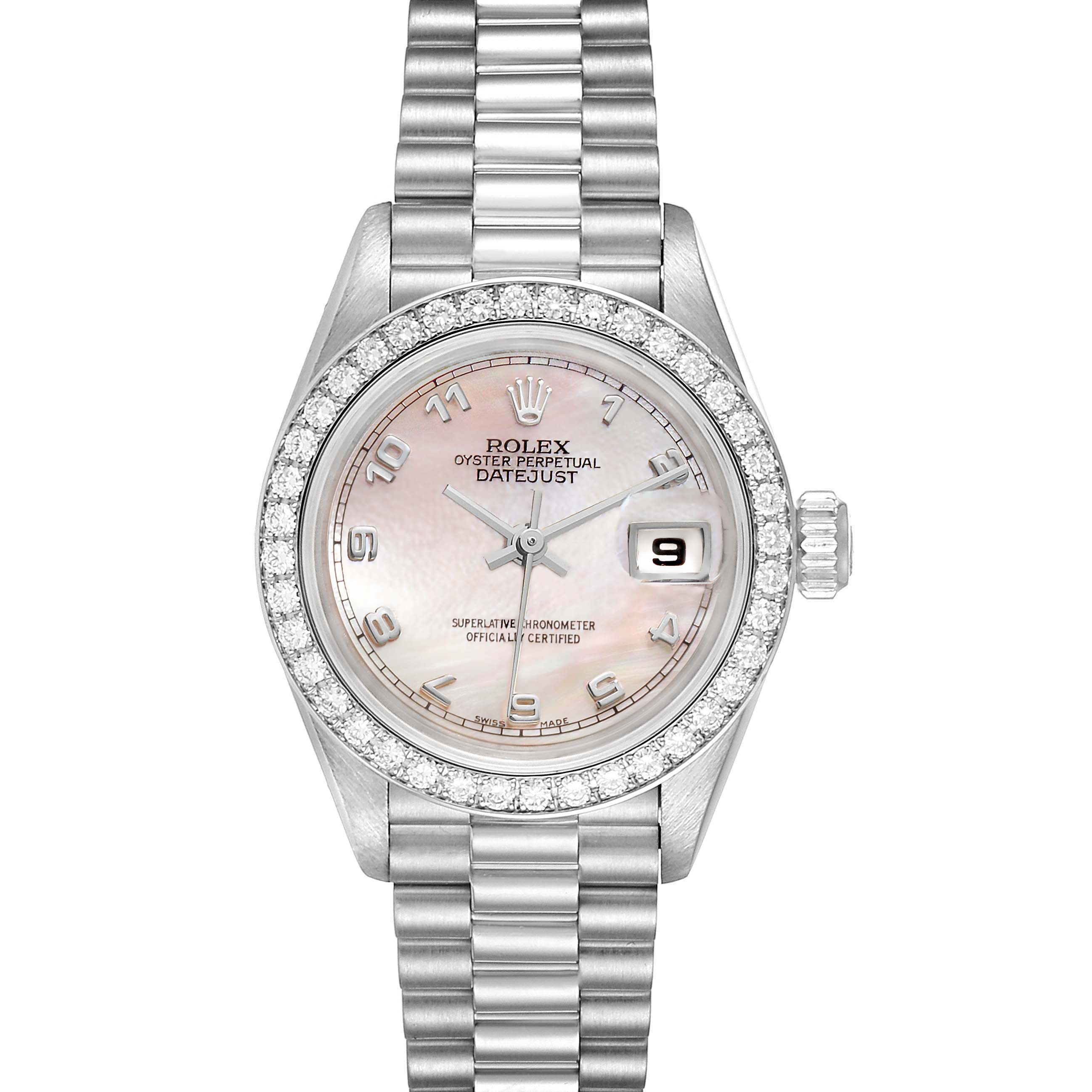 The image shows a front view of a Rolex President 69136 Women's Platinum Mother of Pearl Dial 69136 Women's Platinum Mother of Pearl Dial model watch, displaying its dial, bezel, crown, and bracelet.