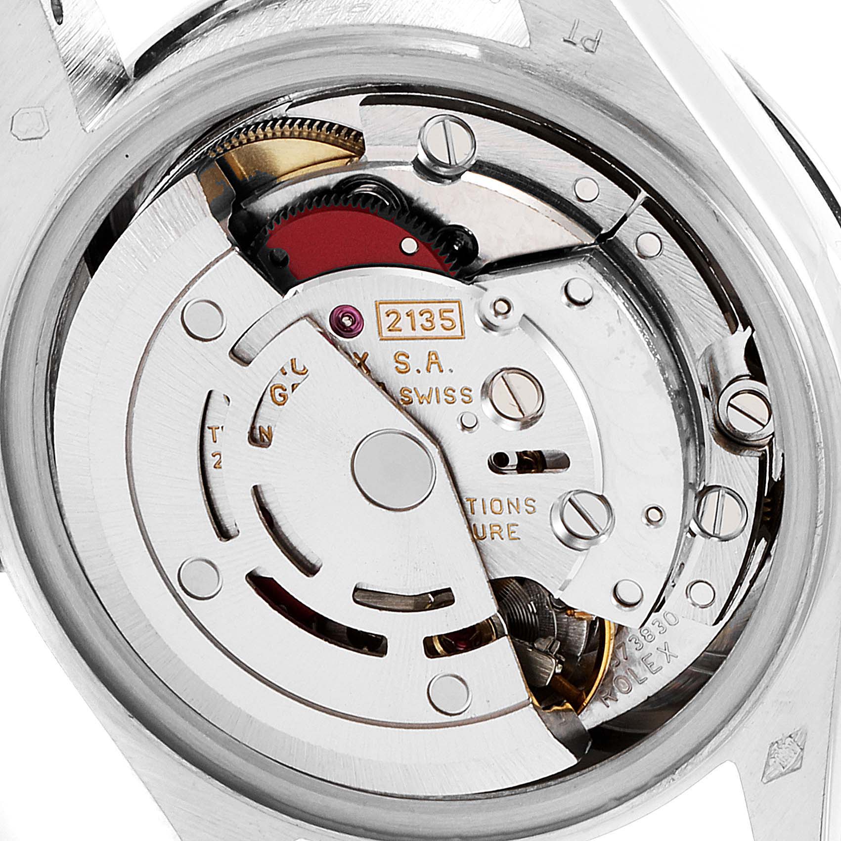 This image shows the internal mechanism of the Rolex President 69136 Women's Platinum Mother of Pearl Dial 69136 Women's Platinum Mother of Pearl Dial model watch from a close-up angle.