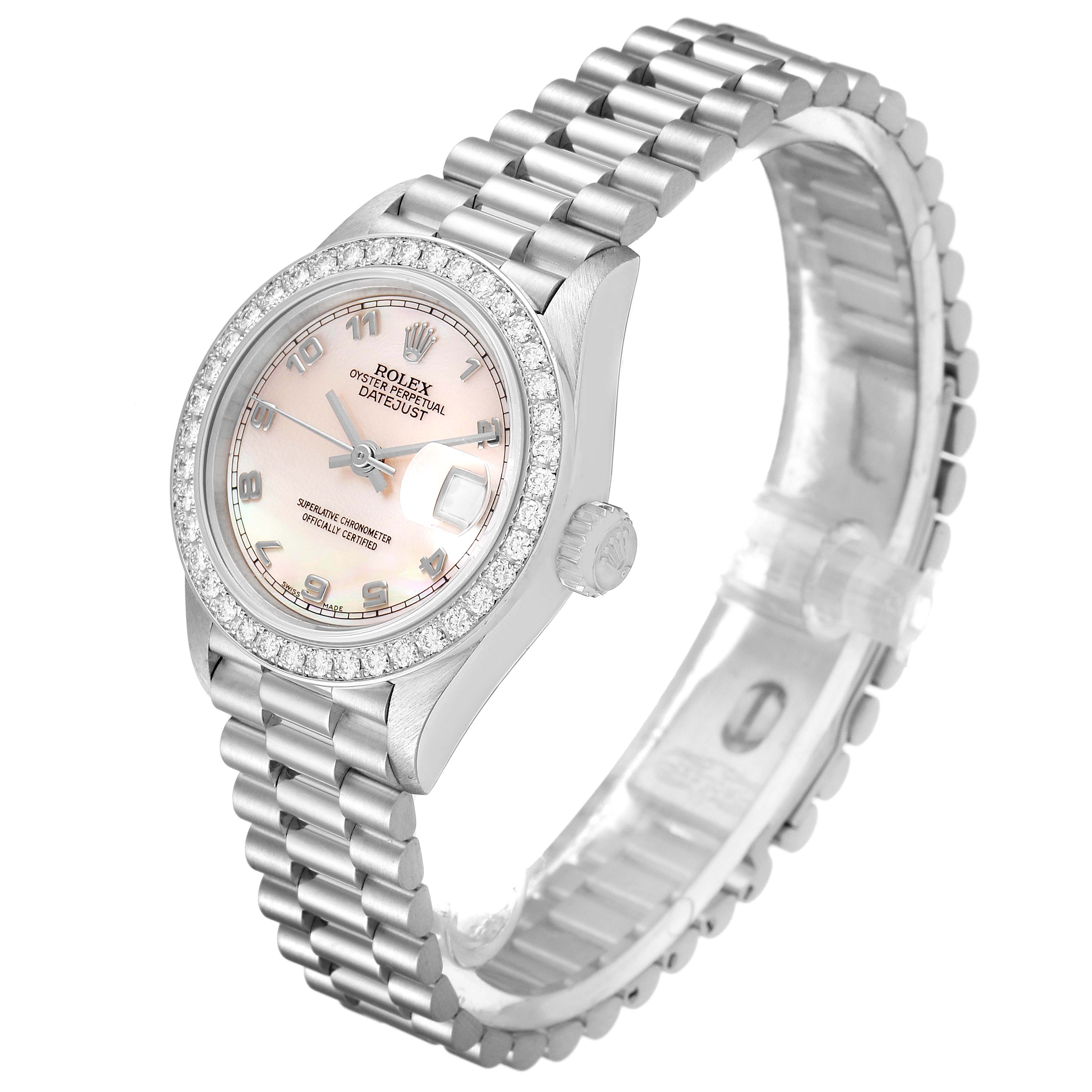 The image shows a Rolex President 69136 Women's Platinum Mother of Pearl Dial 69136 Women's Platinum Mother of Pearl Dial model watch at an angled side view, displaying the face, bezel, case, and part of the bracelet.