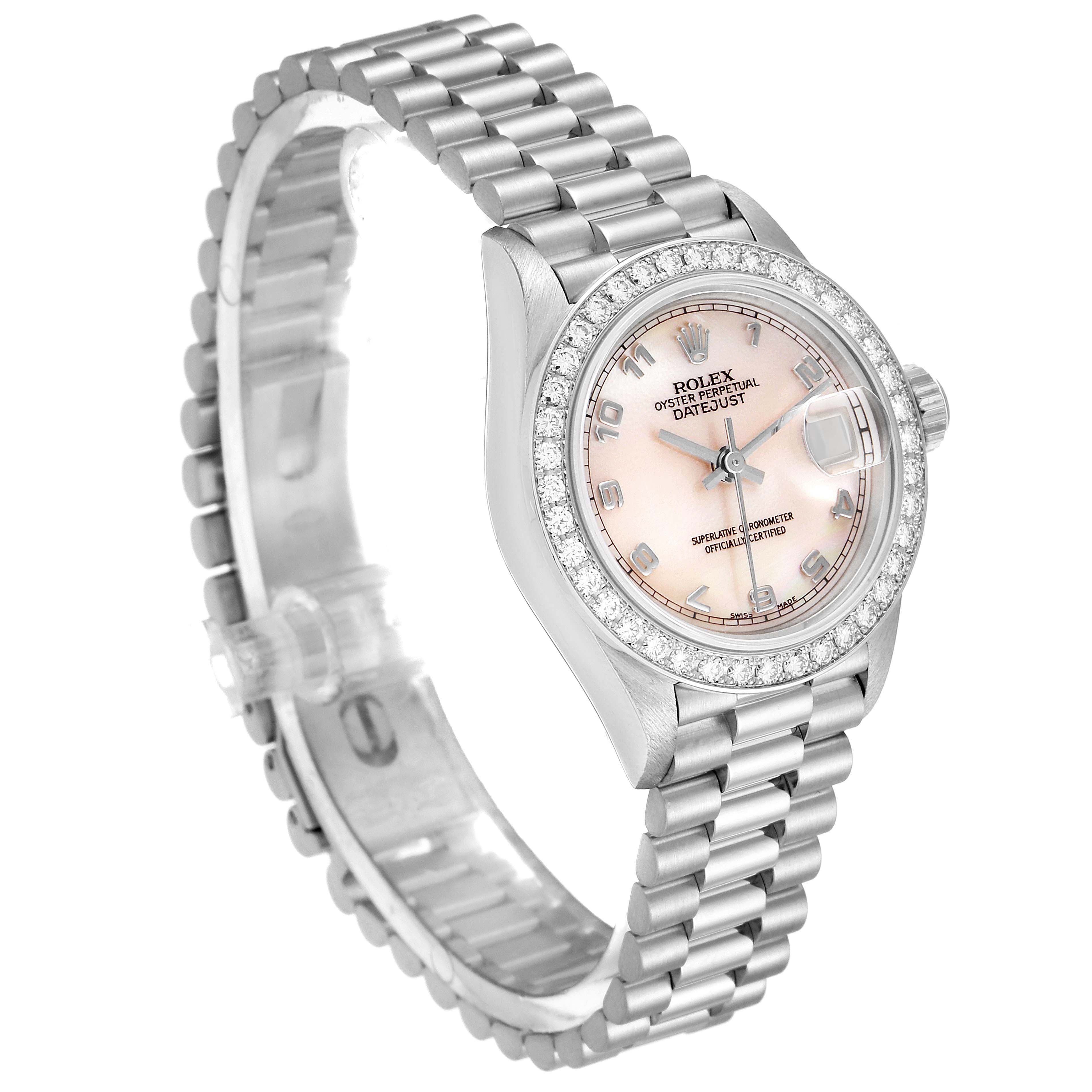 This image shows a Rolex President 69136 Women's Platinum Mother of Pearl Dial 69136 Women's Platinum Mother of Pearl Dial model watch from a slight angle, highlighting its face, bezel, and bracelet.