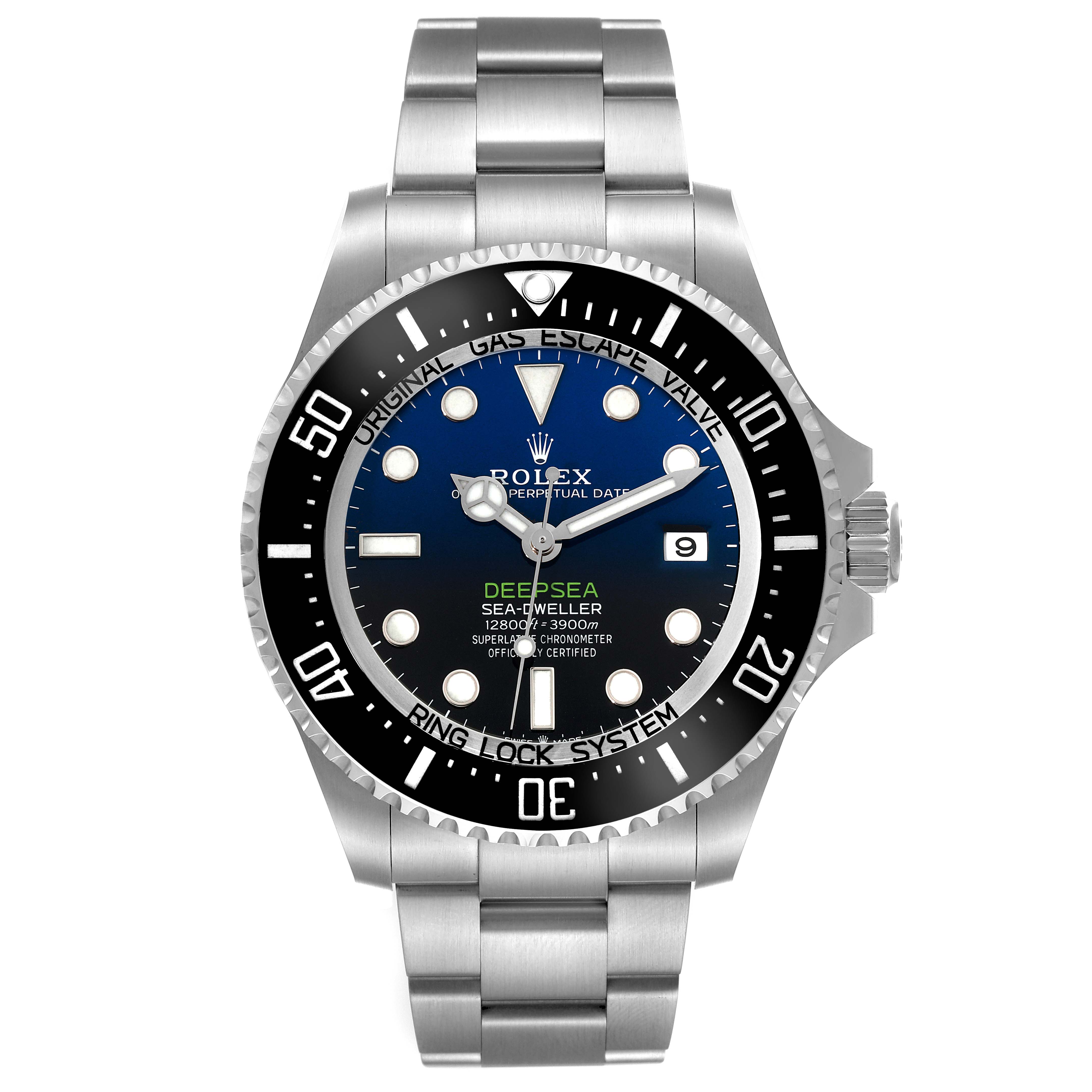 This image shows a front view of a Rolex Sea-Dweller 136660 Men's Stainless Steel Blue Dial 136660 Men's Stainless Steel Blue Dial Deepsea watch, including the dial, bezel, and bracelet.