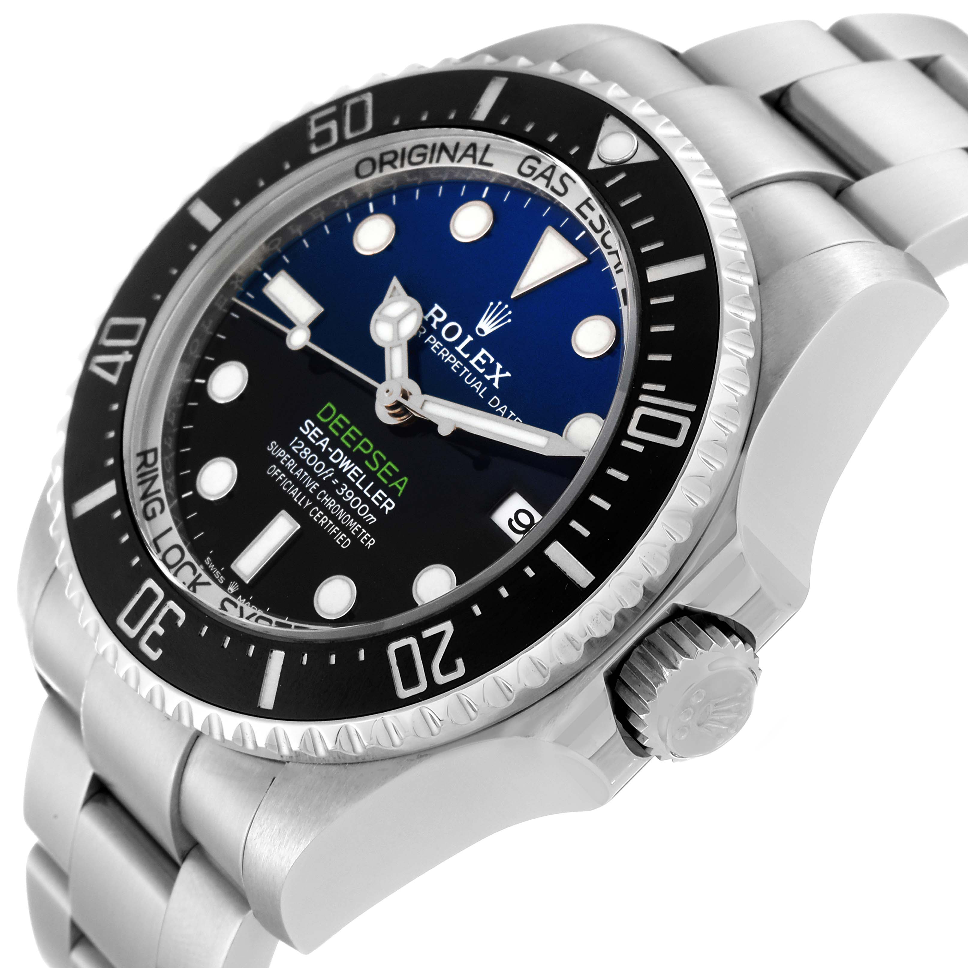 The image shows a side view of a Rolex Sea-Dweller 136660 Men's Stainless Steel Blue Dial 136660 Men's Stainless Steel Blue Dial watch, displaying the bezel, dial, crown, and part of the bracelet.