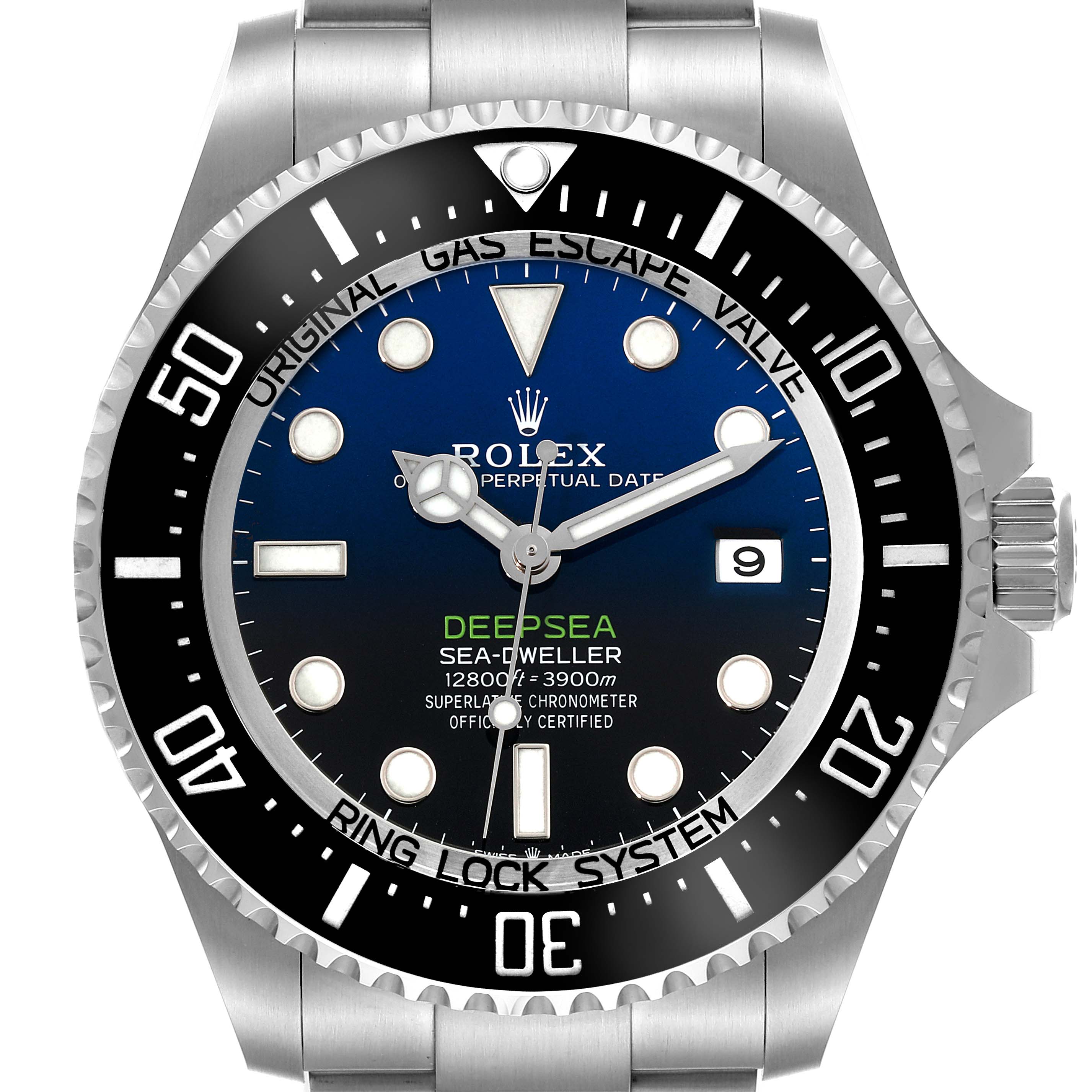 This image shows a front view of a Rolex Sea-Dweller 136660 Men's Stainless Steel Blue Dial 136660 Men's Stainless Steel Blue Dial Deepsea watch, highlighting the dial, bezel, and part of the bracelet.