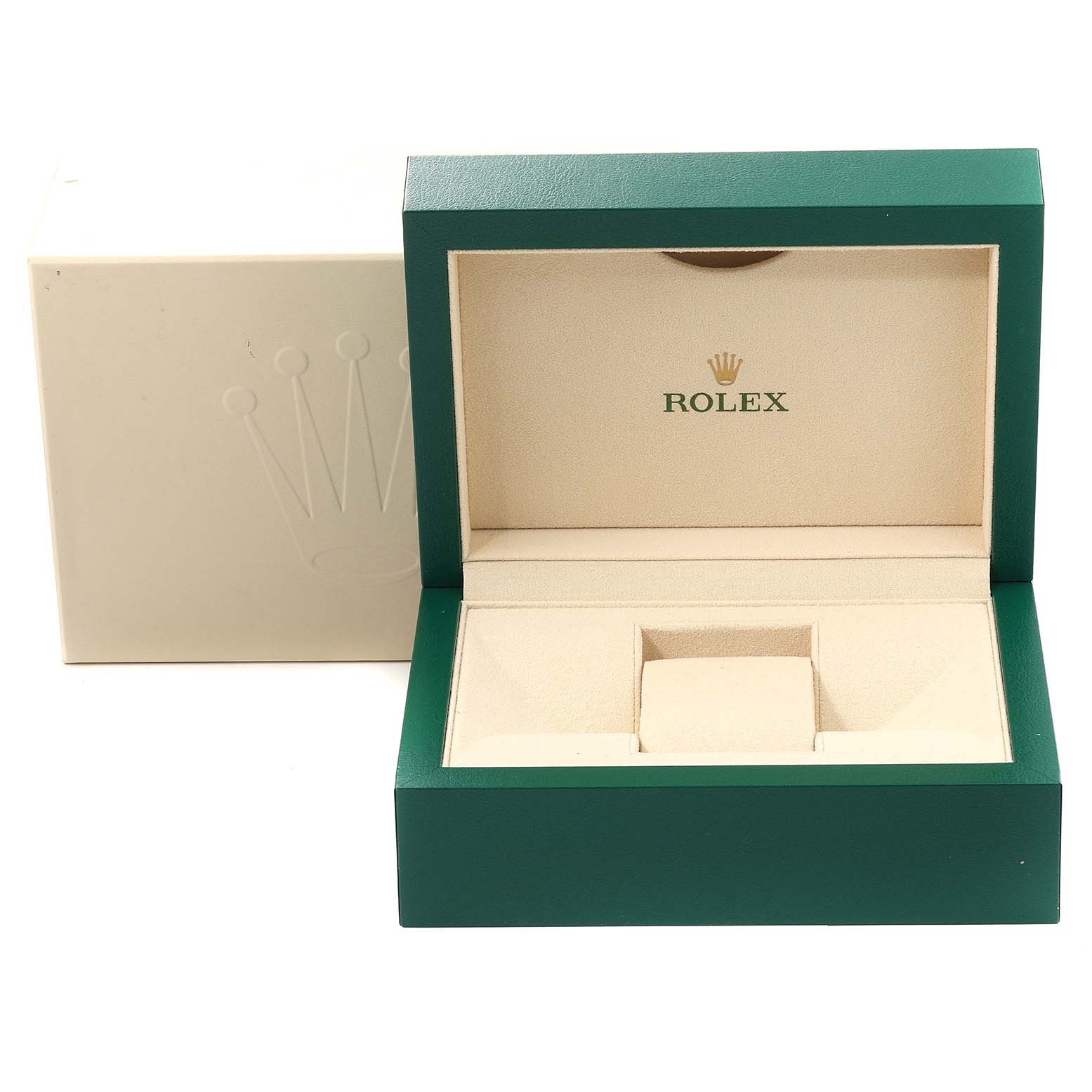 The image shows an open green Rolex Submariner 126613 Men
s Steel and Gold (two tone) Black Dial 126613 Men
s Steel and Gold (two tone) Black Dial watch box with the interior and exterior packaging visible.