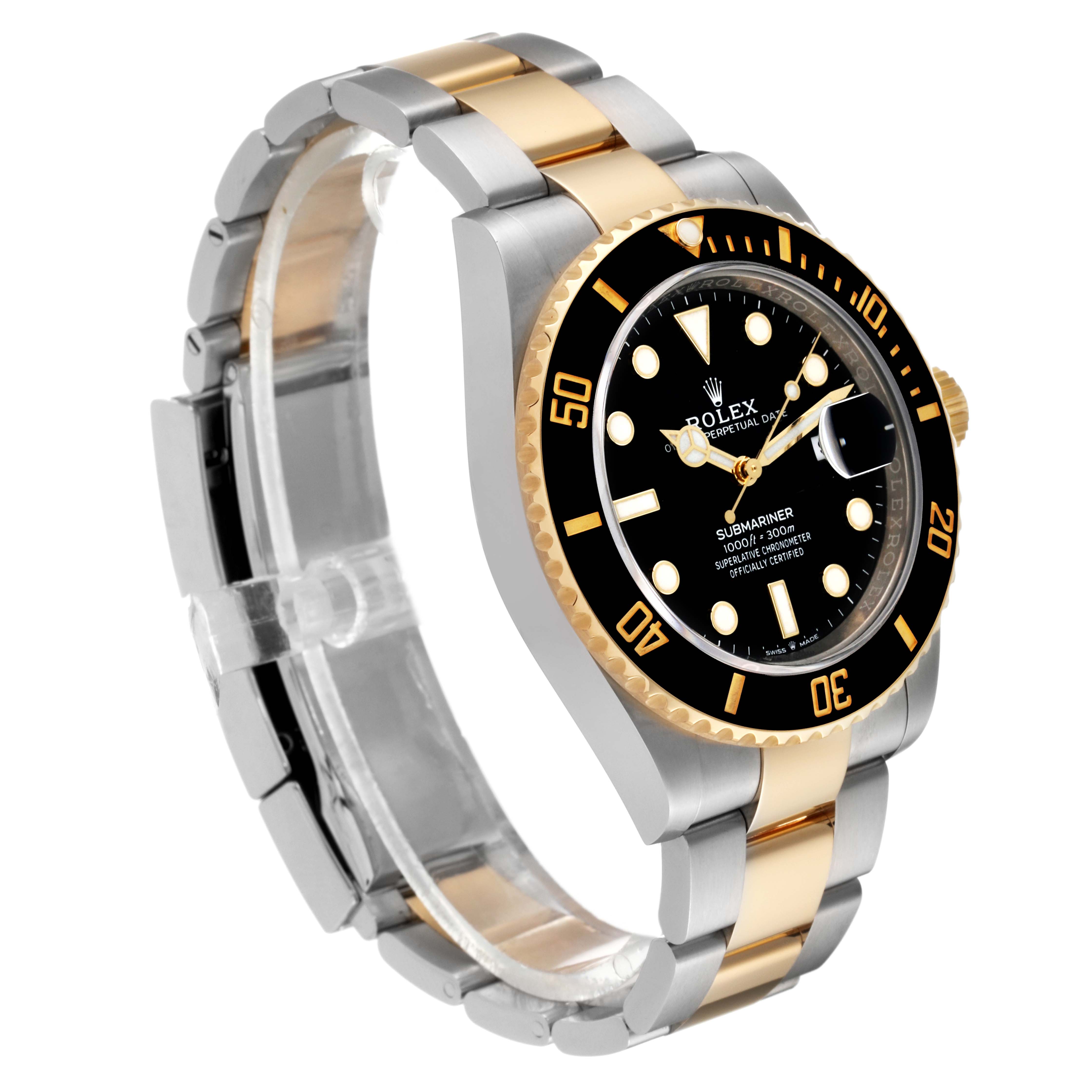 The image displays a Rolex Submariner 126613 Men
s Steel and Gold (two tone) Black Dial 126613 Men
s Steel and Gold (two tone) Black Dial watch from a three-quarter angle, highlighting the bezel, dial, and two-tone metal band.