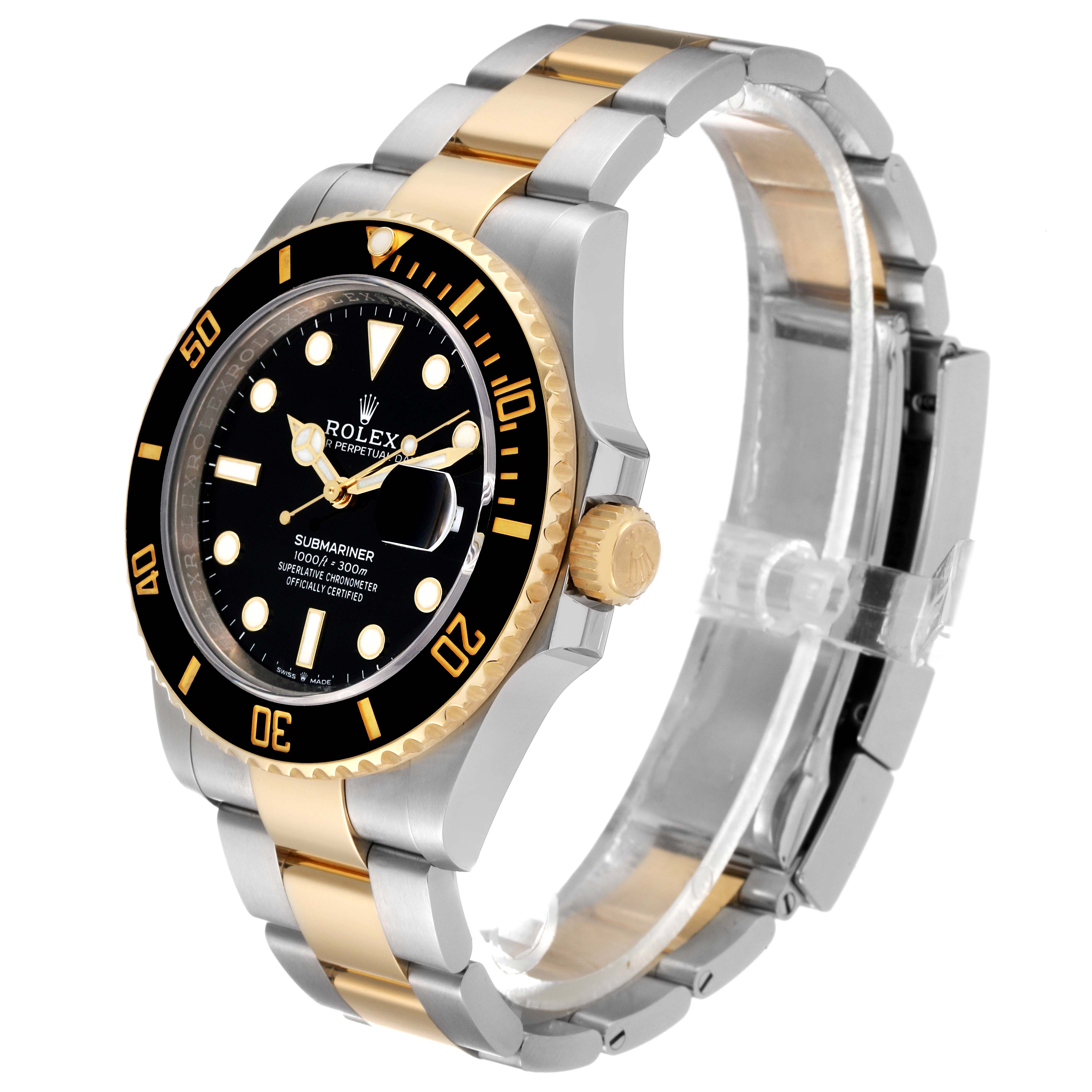 This image shows a Rolex Submariner 126613 Men
s Steel and Gold (two tone) Black Dial 126613 Men
s Steel and Gold (two tone) Black Dial watch at a three-quarter angle, displaying the face, bezel, crown, and bracelet.