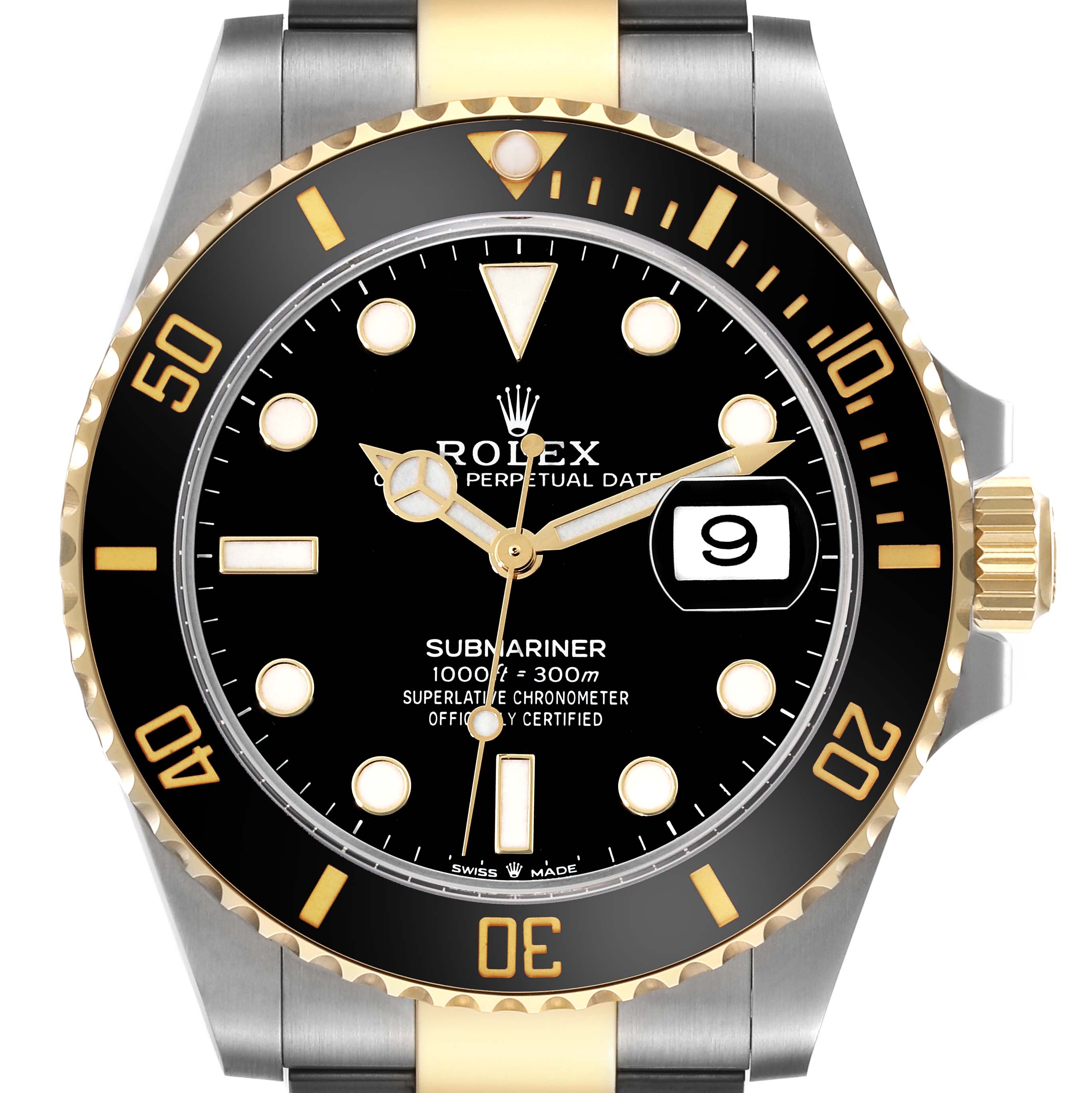 The Rolex Submariner 126613 Men
s Steel and Gold (two tone) Black Dial 126613 Men
s Steel and Gold (two tone) Black Dial watch is shown from a front angle, displaying the bezel, dial, crown, date window, and part of the bracelet.