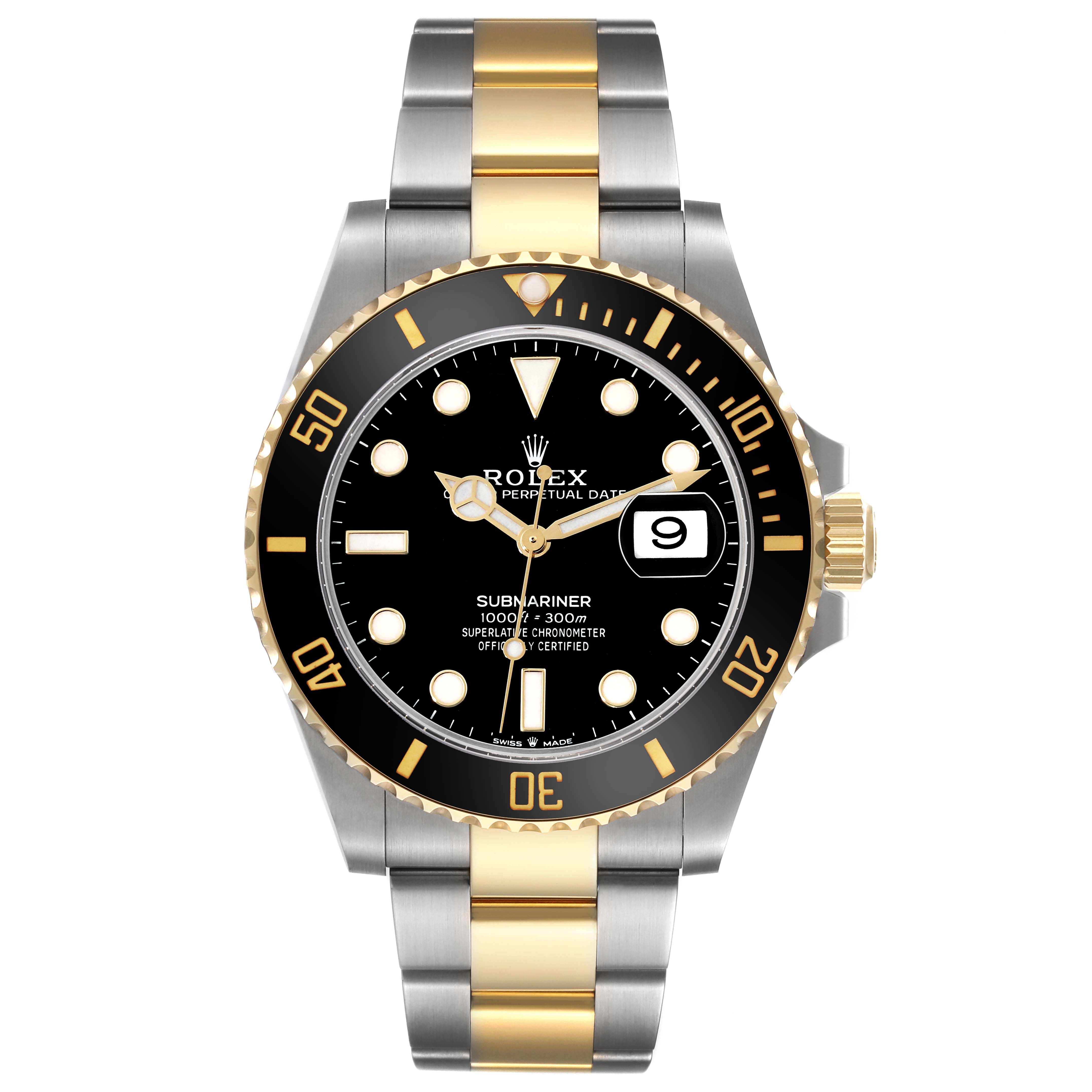 The image shows a front view of a Rolex Submariner 126613 Men
s Steel and Gold (two tone) Black Dial 126613 Men
s Steel and Gold (two tone) Black Dial watch, displaying its black dial, bezel, and two-tone bracelet.
