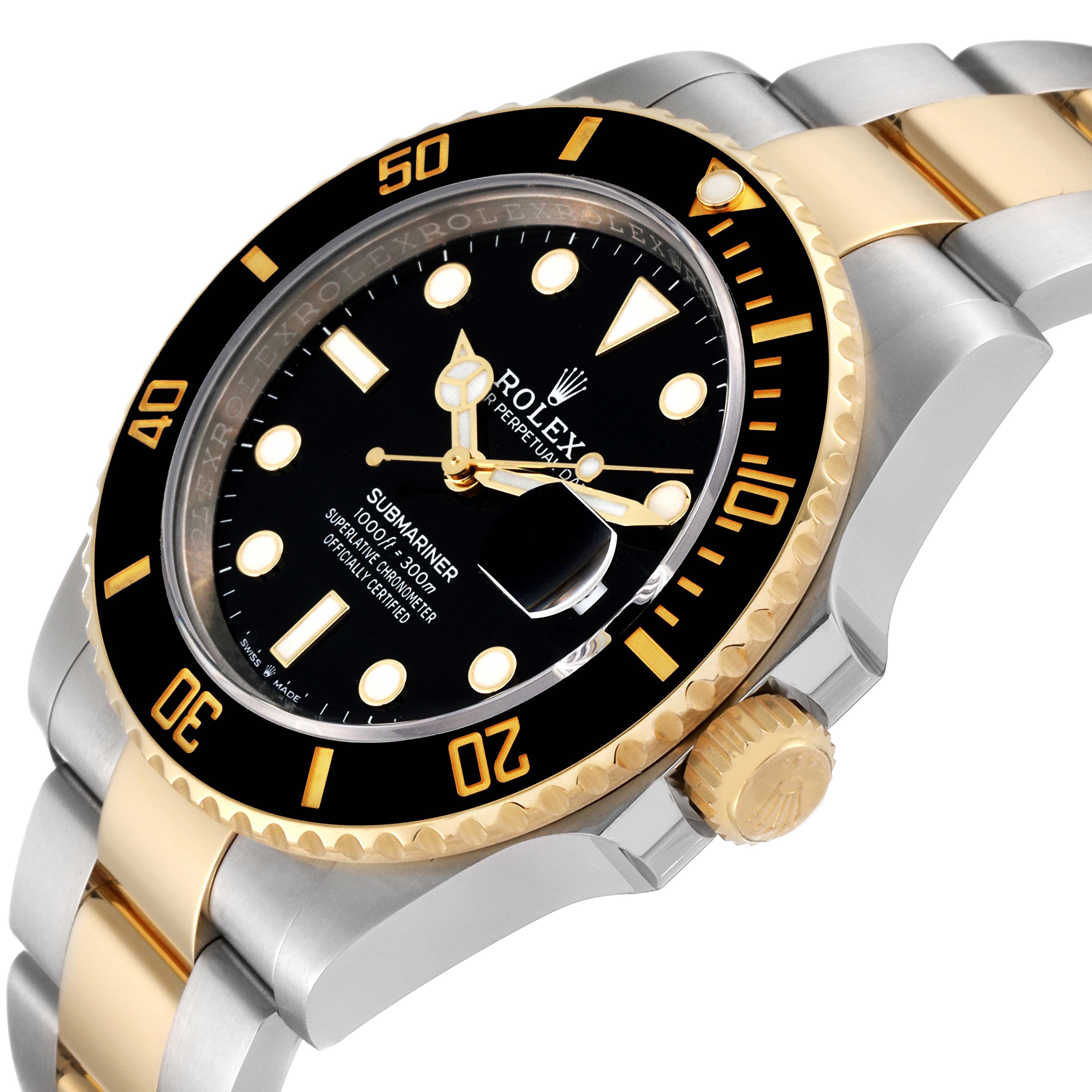 The image shows a Rolex Submariner 126613 Men
s Steel and Gold (two tone) Black Dial 126613 Men
s Steel and Gold (two tone) Black Dial watch from a tilted angle, highlighting the bezel, dial, and part of the bracelet with crown detail.