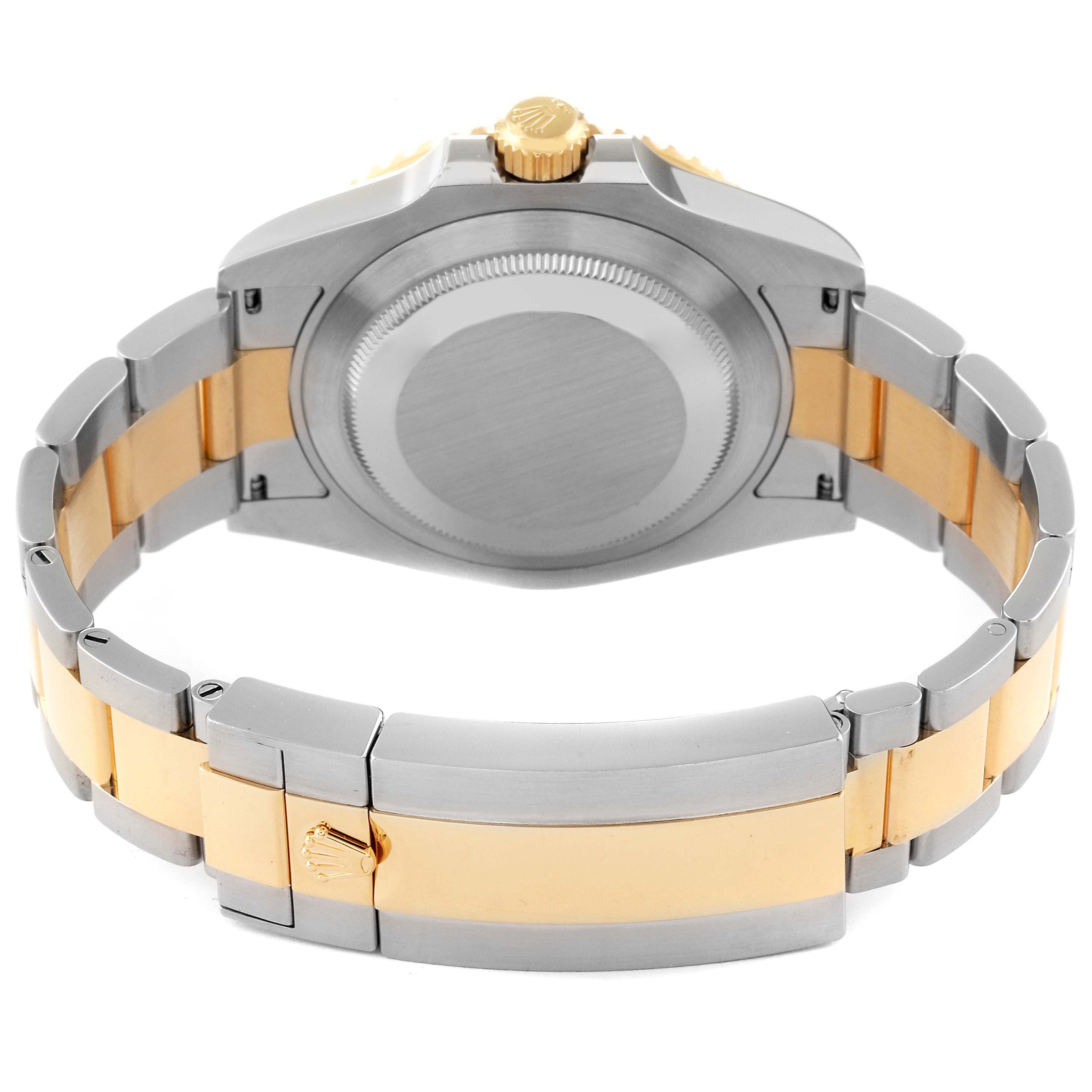 The image shows the back of a Rolex Submariner 126613 Men
s Steel and Gold (two tone) Black Dial 126613 Men
s Steel and Gold (two tone) Black Dial watch, featuring its case back, crown, and two-tone bracelet.