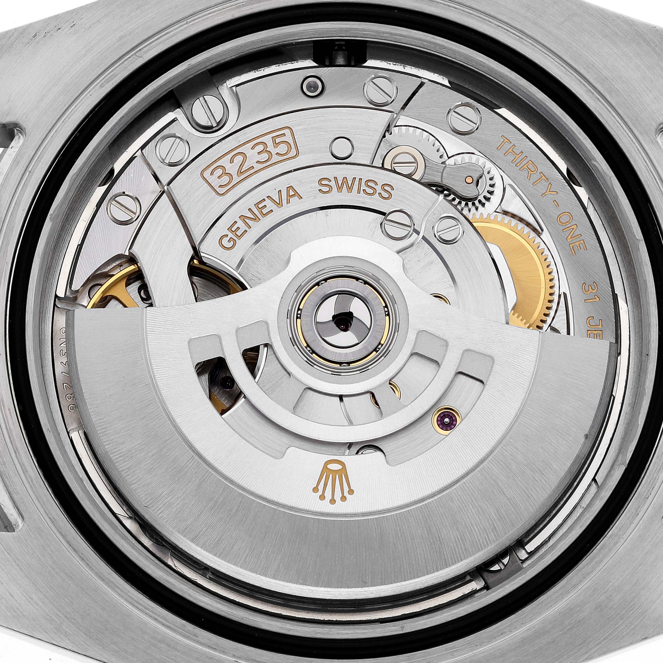 The image shows the detailed internal movement parts of a Rolex Submariner 126613 Men
s Steel and Gold (two tone) Black Dial 126613 Men
s Steel and Gold (two tone) Black Dial watch, specifically the caliber 3235.