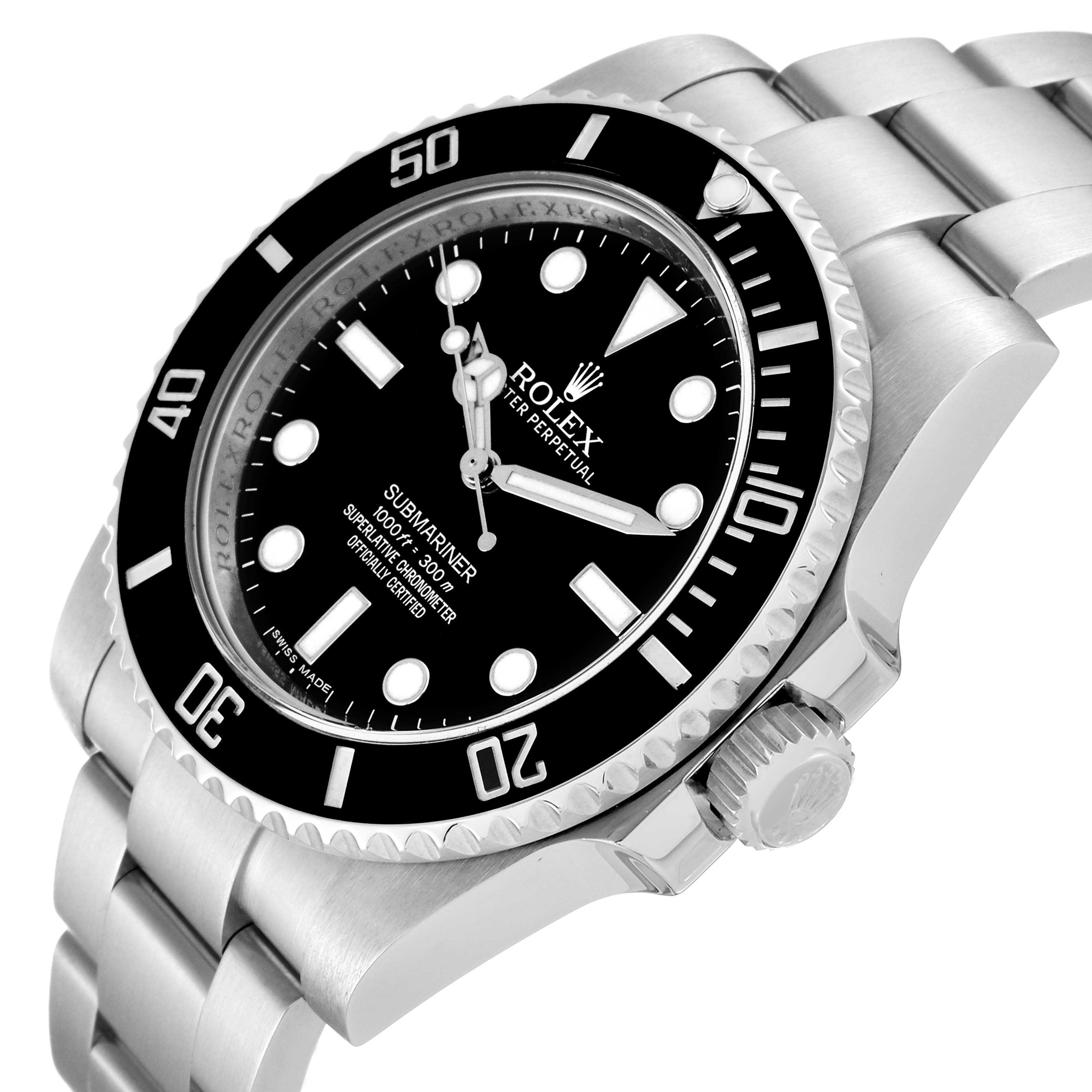 The image shows a close-up angled view of the Rolex Submariner 114060 Men
s Stainless Steel Black Dial 114060 Men
s Stainless Steel Black Dial, highlighting its bezel, dial, and crown.