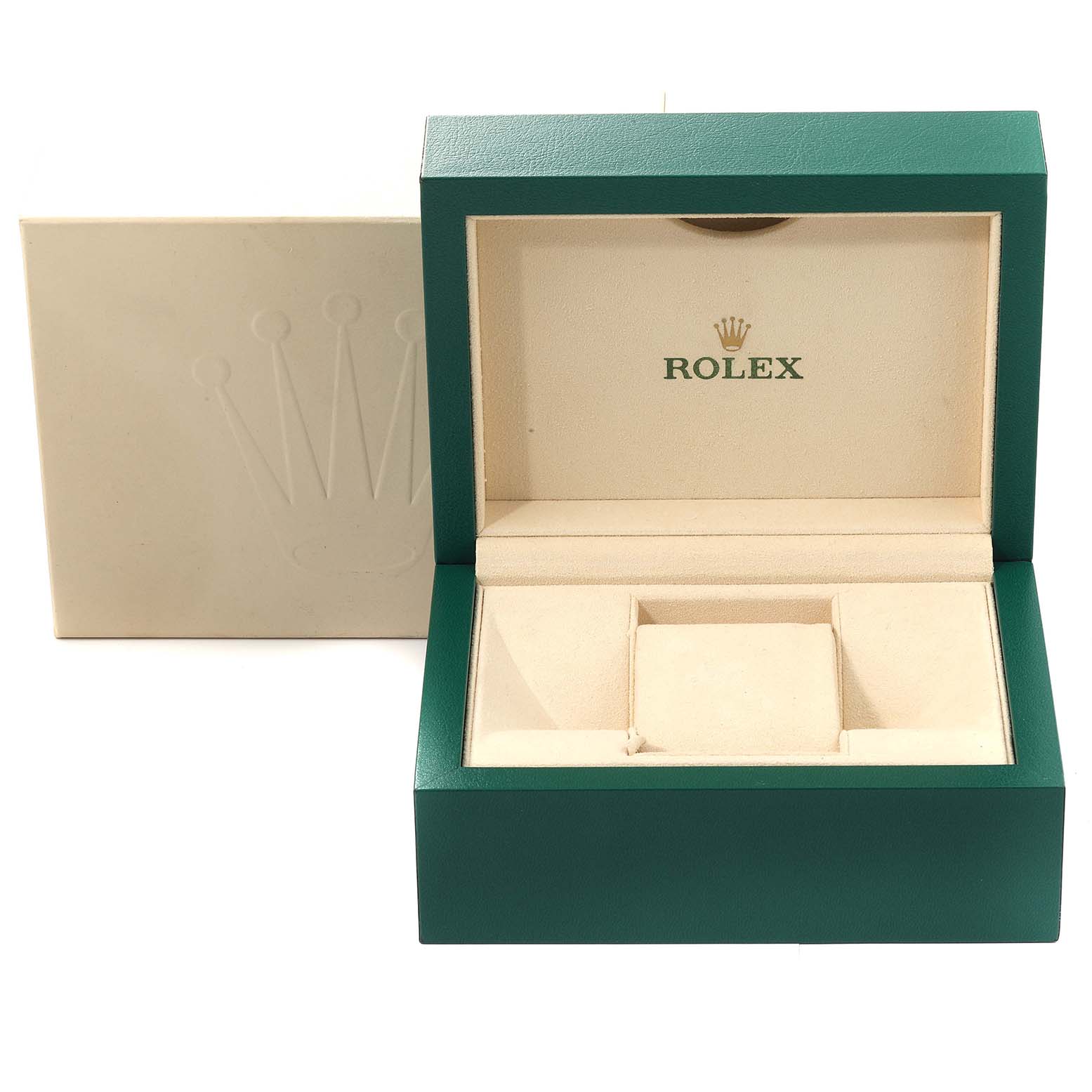 This image shows an open Rolex Submariner 114060 Men
s Stainless Steel Black Dial 114060 Men
s Stainless Steel Black Dial watch box with a green exterior and beige interior, displaying the Rolex logo.
