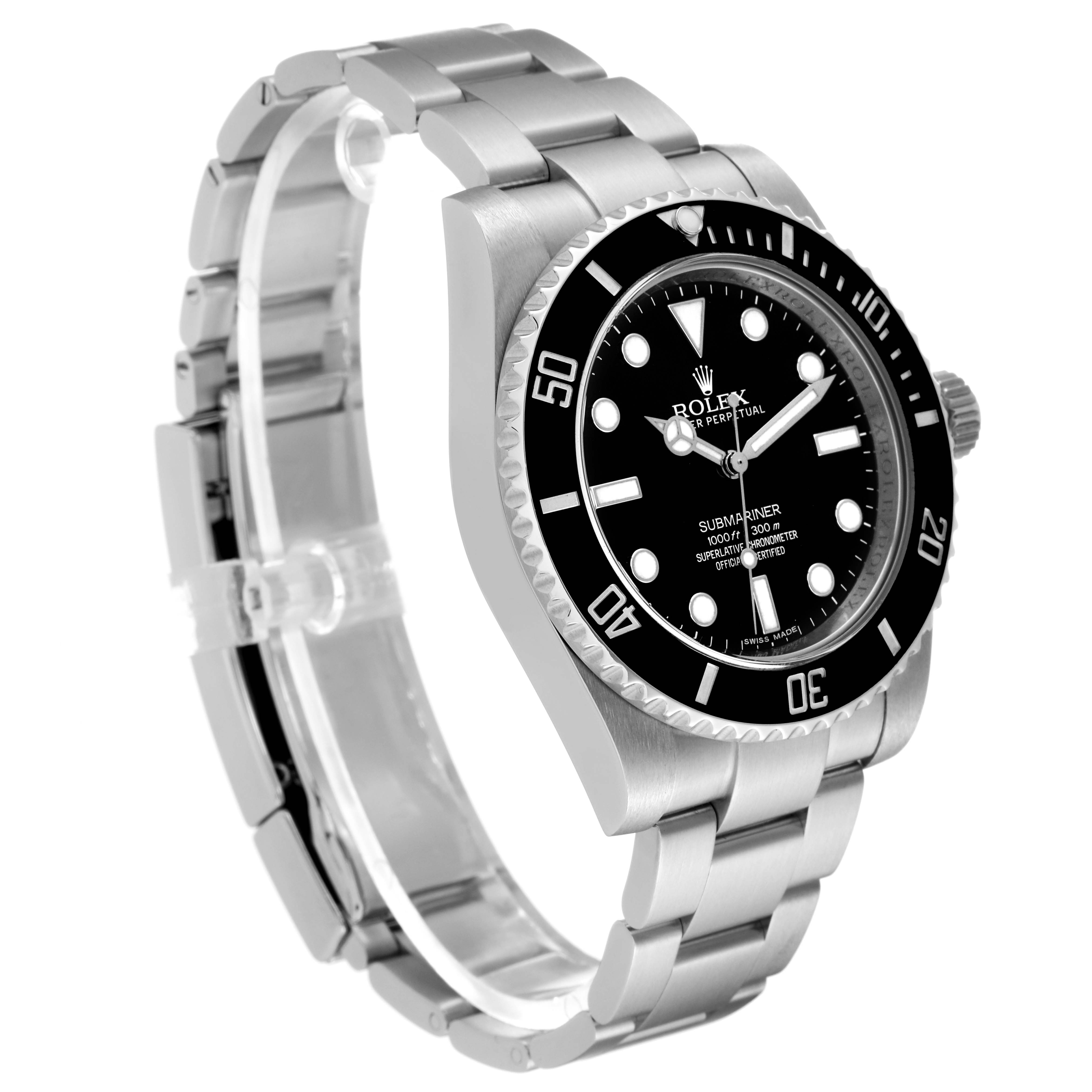 The image shows a side and front angle of a Rolex Submariner 114060 Men
s Stainless Steel Black Dial 114060 Men
s Stainless Steel Black Dial watch, highlighting the bezel, dial, and bracelet.