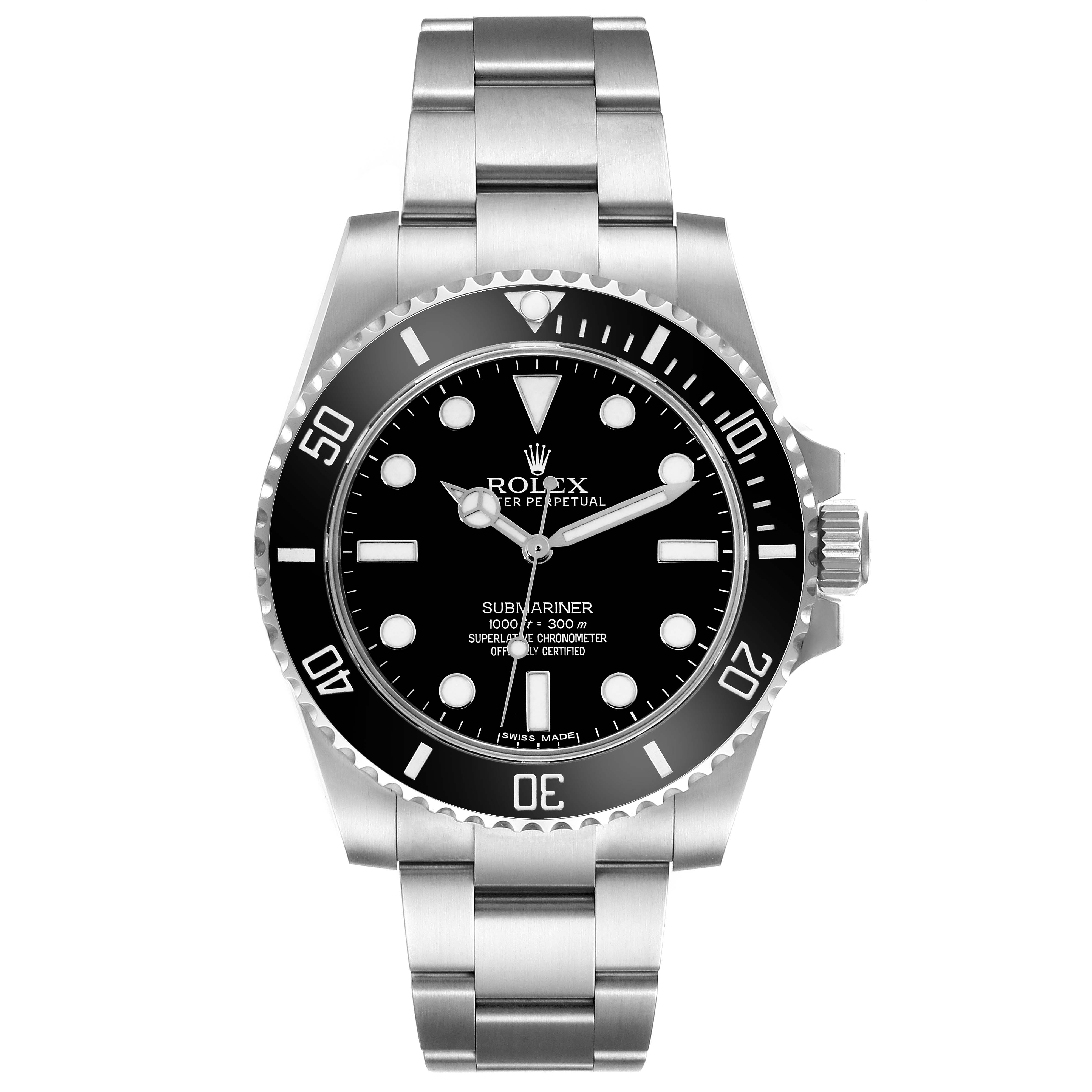 This image shows a front view of the Rolex Submariner 114060 Men
s Stainless Steel Black Dial 114060 Men
s Stainless Steel Black Dial watch, displaying its black dial and stainless steel bracelet.