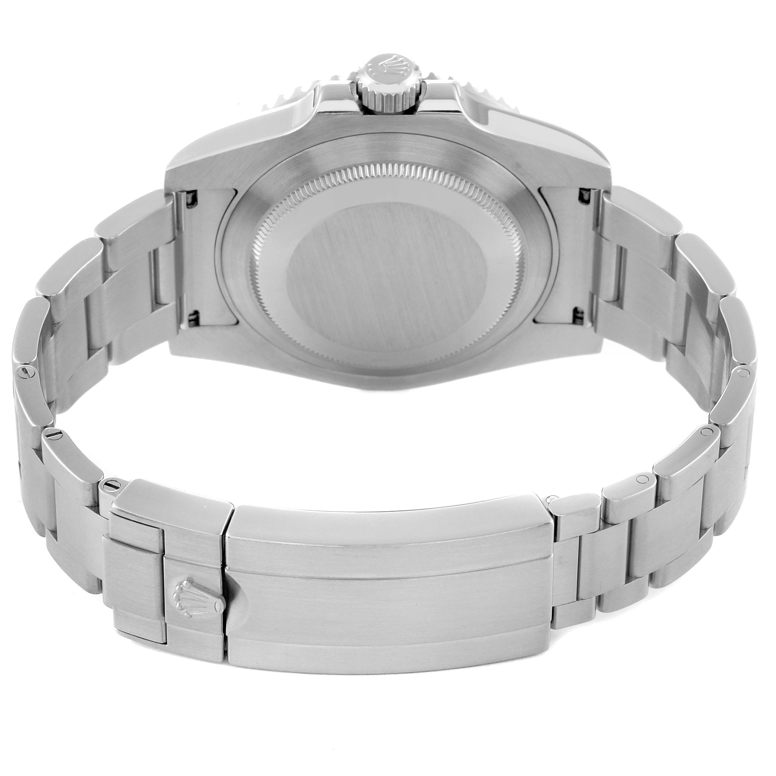 This image shows the back view of a Rolex Submariner 114060 Men
s Stainless Steel Black Dial 114060 Men
s Stainless Steel Black Dial watch, including its case back, crown, and metal bracelet clasp.