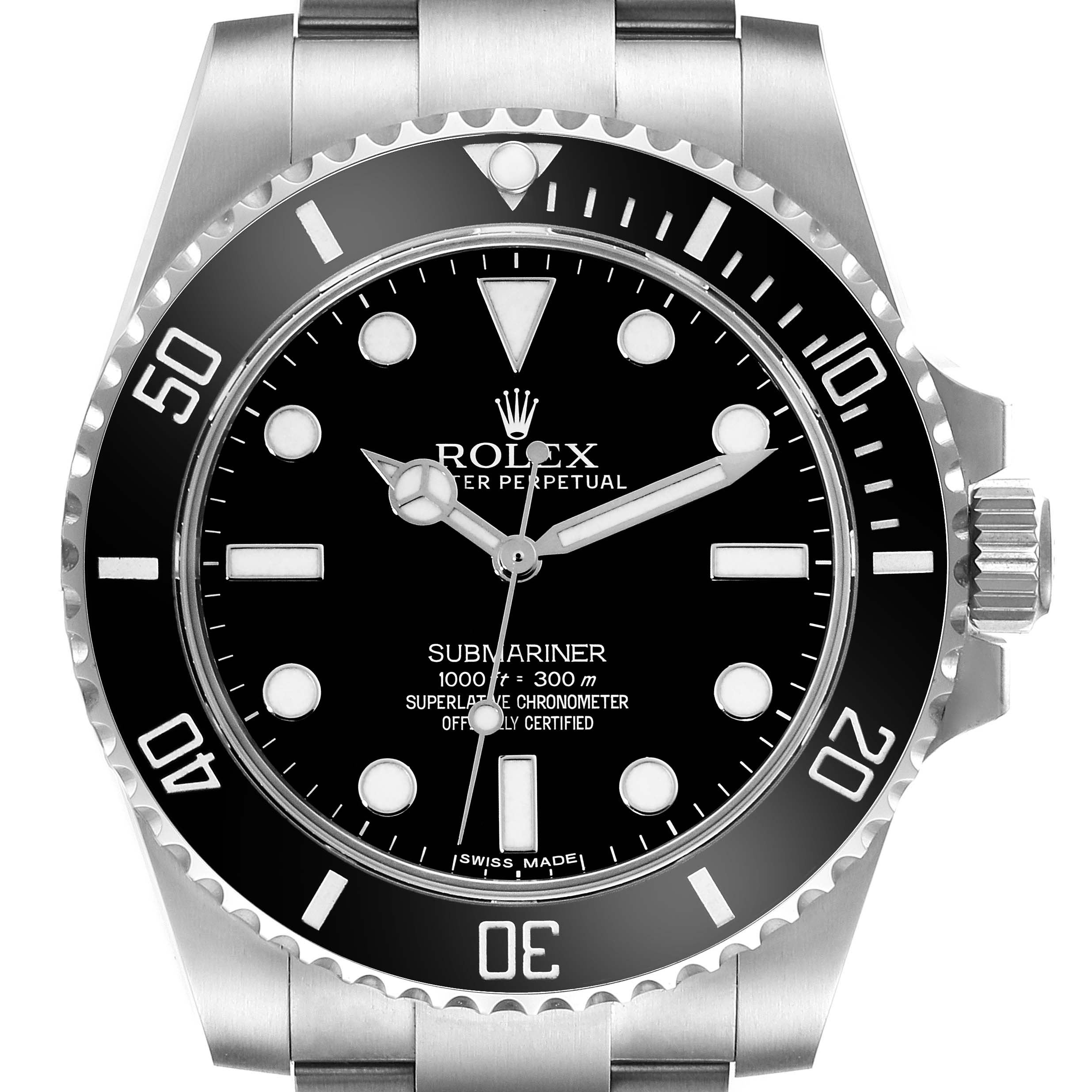 The image shows a front view of a Rolex Submariner 114060 Men
s Stainless Steel Black Dial 114060 Men
s Stainless Steel Black Dial watch, displaying the dial, bezel, and part of the bracelet.