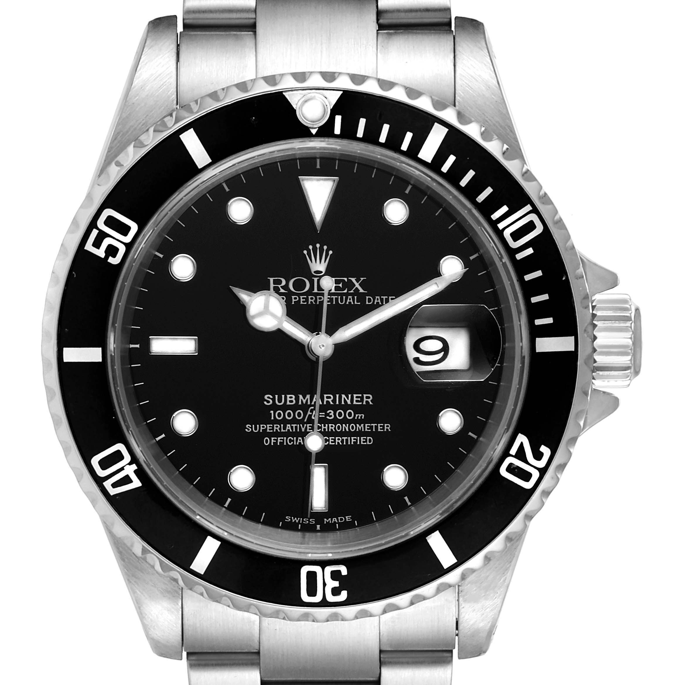 The image shows a front view of a Rolex Submariner 16610 Men's Stainless Steel Black Dial 16610 Men's Stainless Steel Black Dial watch, highlighting its black dial, bezel, and silver bracelet.