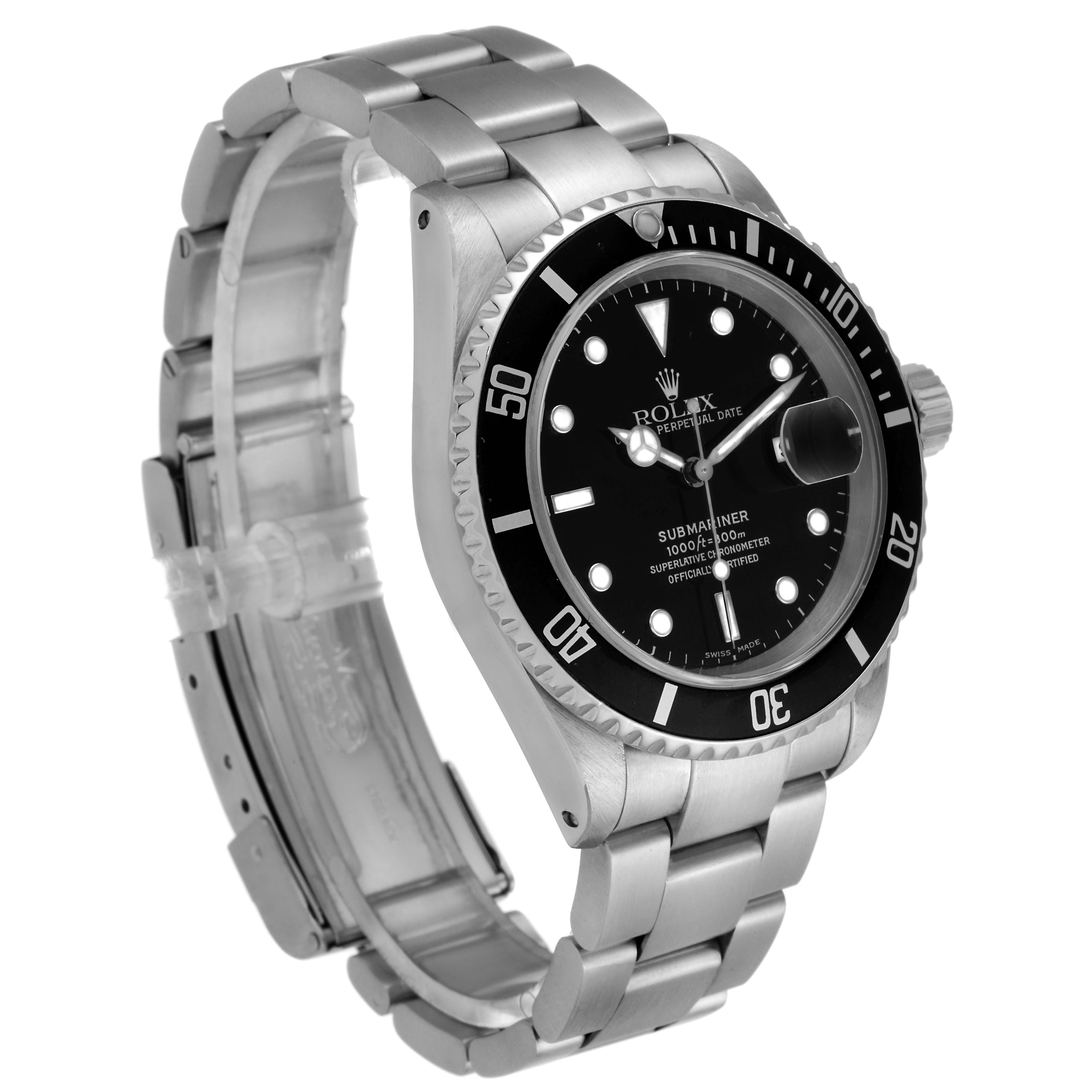 This image shows a Rolex Submariner 16610 Men's Stainless Steel Black Dial 16610 Men's Stainless Steel Black Dial watch at a three-quarter angle, highlighting the black dial, bezel, and metal bracelet.