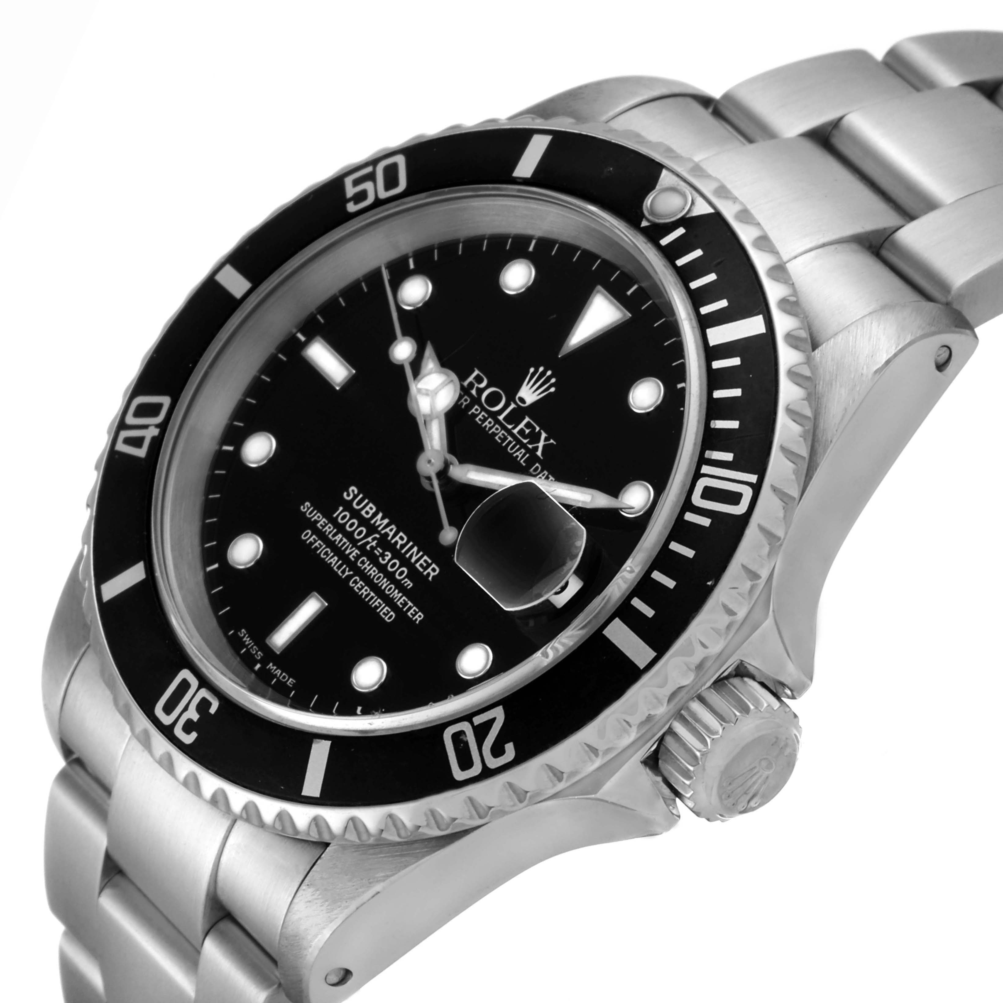 The image shows a close-up, angled view of the Rolex Submariner 16610 Men's Stainless Steel Black Dial 16610 Men's Stainless Steel Black Dial watch face, bezel, and part of the bracelet.