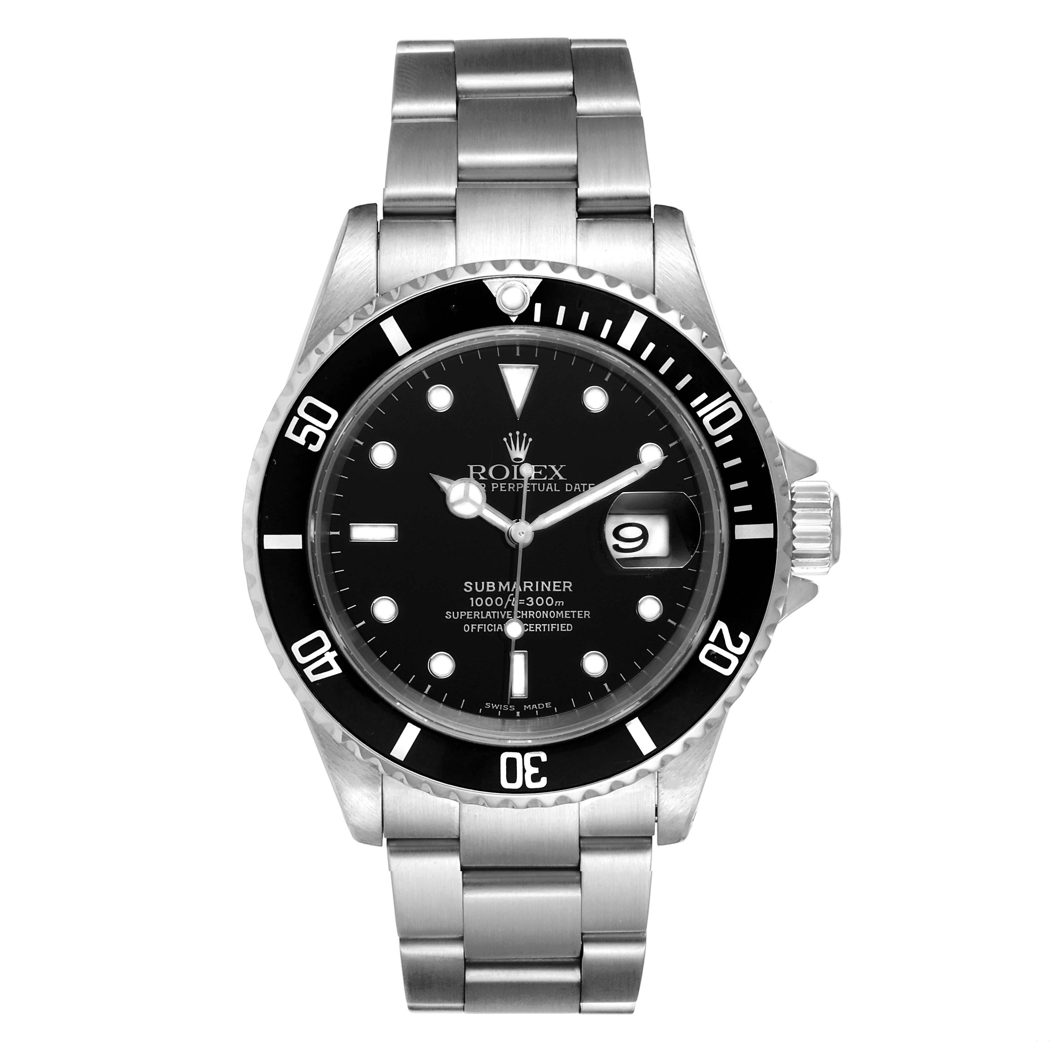 The image shows a front view of a Rolex Submariner 16610 Men's Stainless Steel Black Dial 16610 Men's Stainless Steel Black Dial, displaying the watch face, bezel, dial, and bracelet.