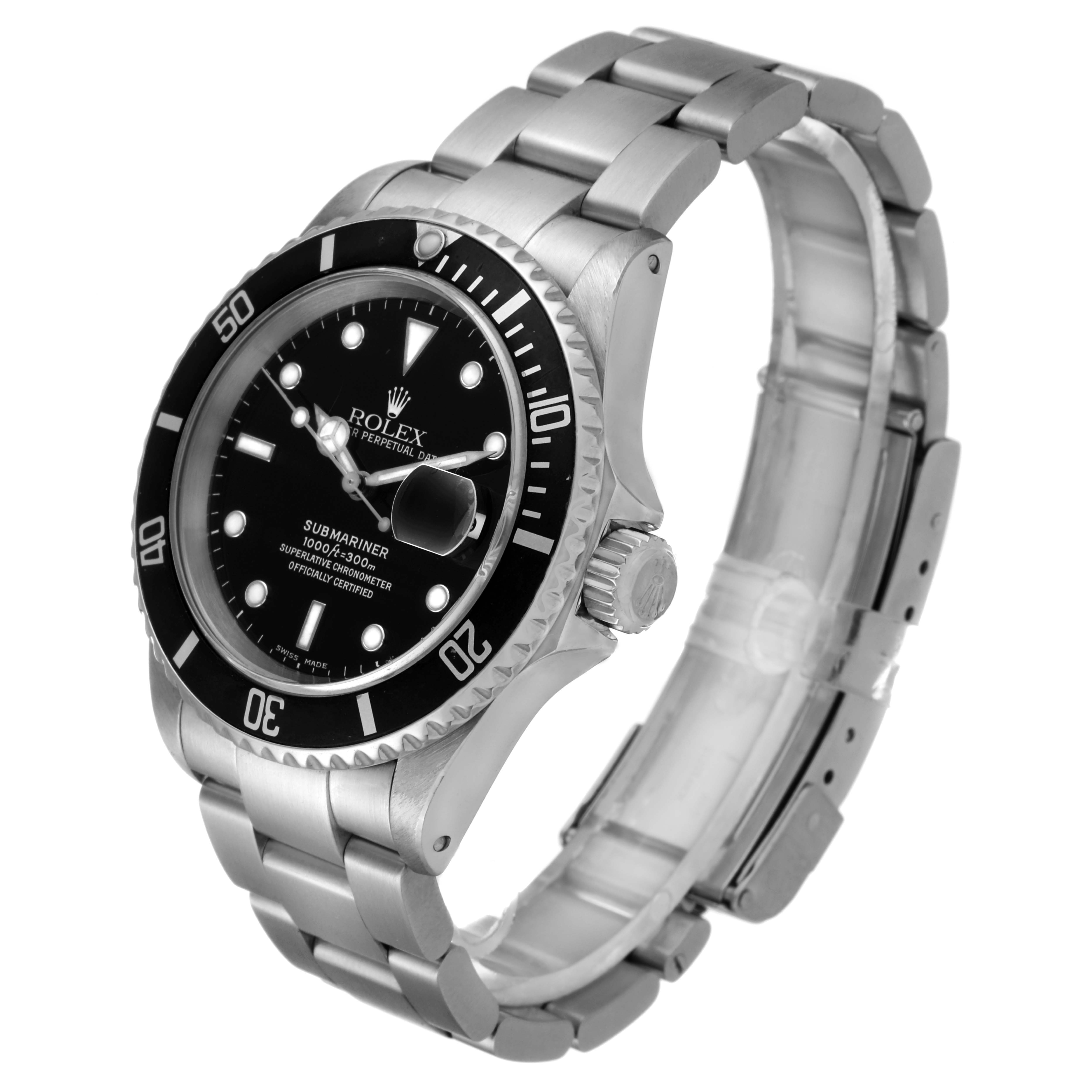 The image shows a Rolex Submariner 16610 Men's Stainless Steel Black Dial 16610 Men's Stainless Steel Black Dial watch angled to display the face, bezel, crown, and bracelet.