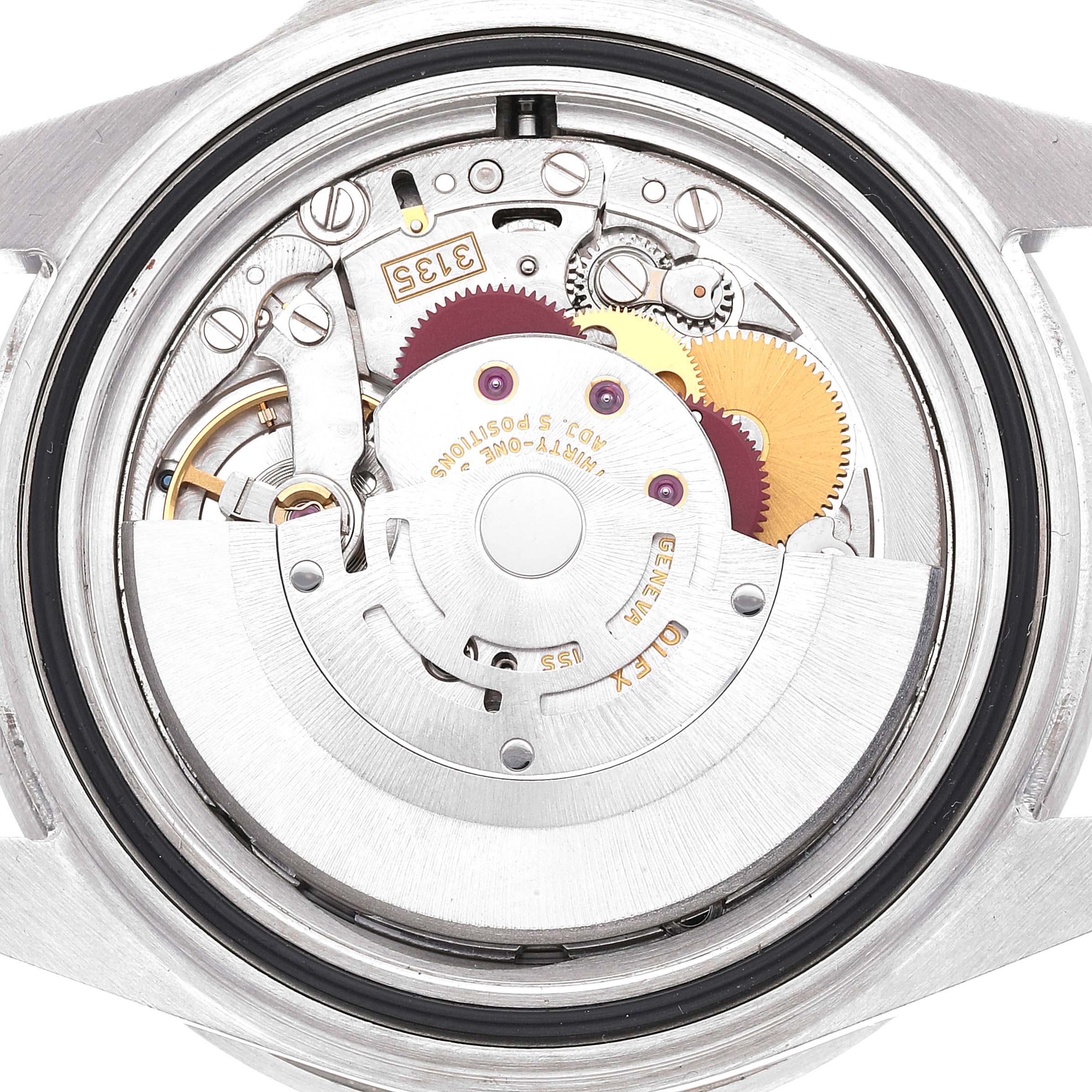 This image shows the internal mechanical movement of a Rolex Submariner 16610 Men
s Stainless Steel Black Dial 16610 Men
s Stainless Steel Black Dial watch from a straight-on angle.