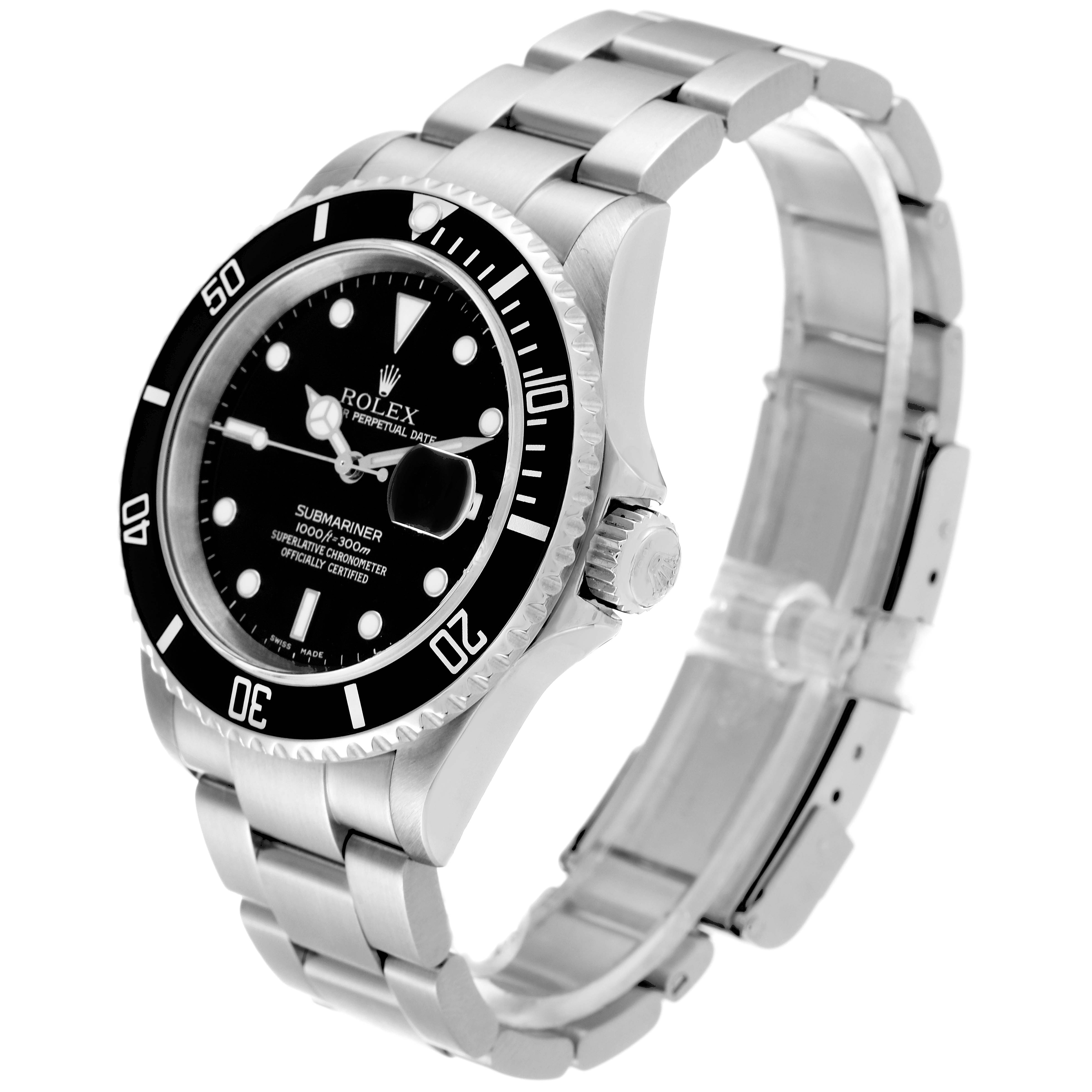 This Rolex Submariner 16610 Men
s Stainless Steel Black Dial 16610 Men
s Stainless Steel Black Dial watch is shown at a tilted angle, highlighting the dial, bezel, bracelet, crown, and part of the clasp.