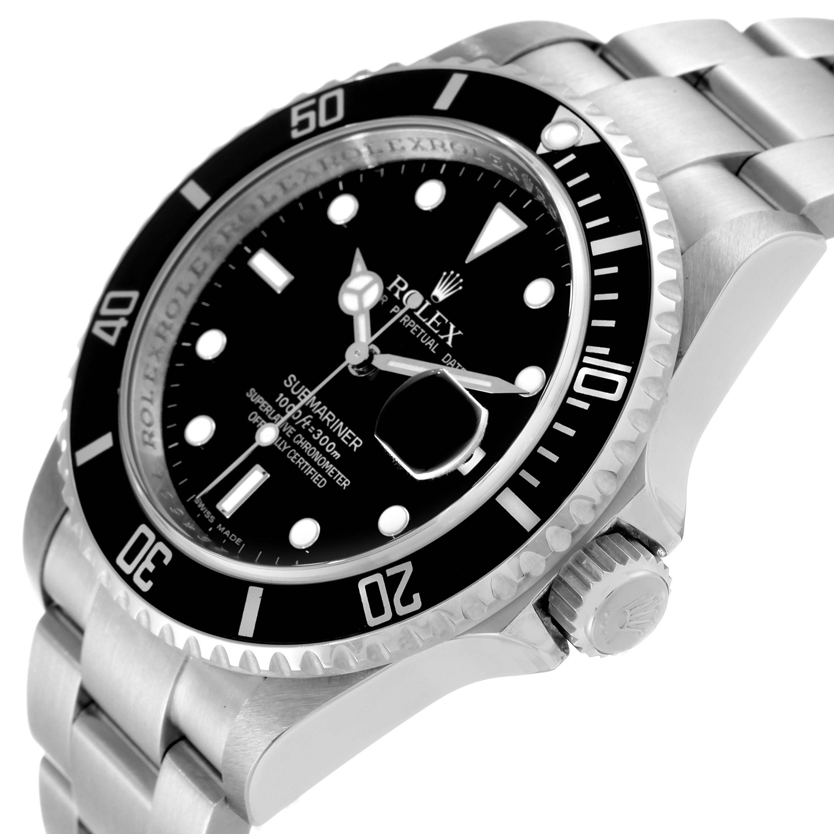 The image shows a close-up angle of the Rolex Submariner 16610 Men's Stainless Steel Black Dial 16610 Men's Stainless Steel Black Dial, highlighting the bezel, dial, crown, and part of the bracelet.