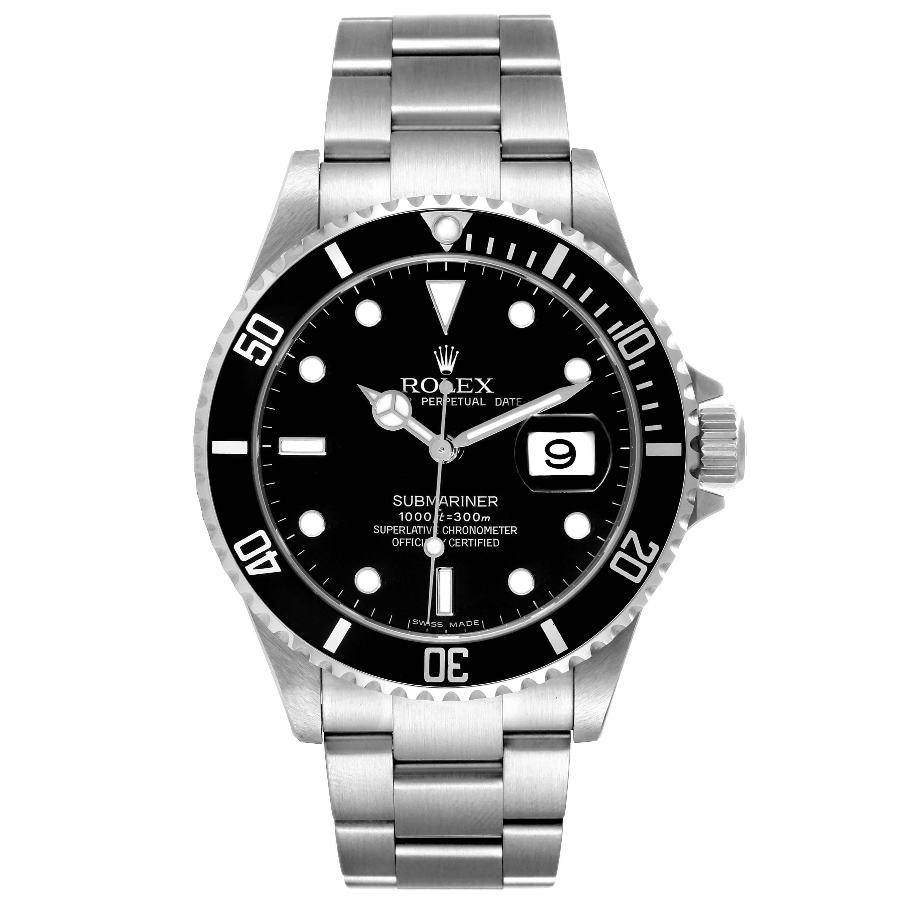 This image shows a frontal view of a Rolex Submariner 16610 Men's Stainless Steel Black Dial 16610 Men's Stainless Steel Black Dial watch, highlighting the dial, bezel, case, and bracelet.