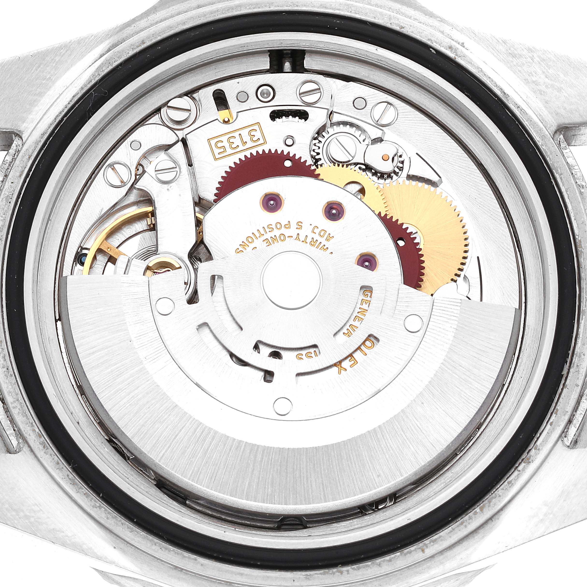 The image shows the inner workings and movement components of a Rolex Submariner 16610 Men's Stainless Steel Black Dial 16610 Men's Stainless Steel Black Dial watch from a rear angle without the case back.