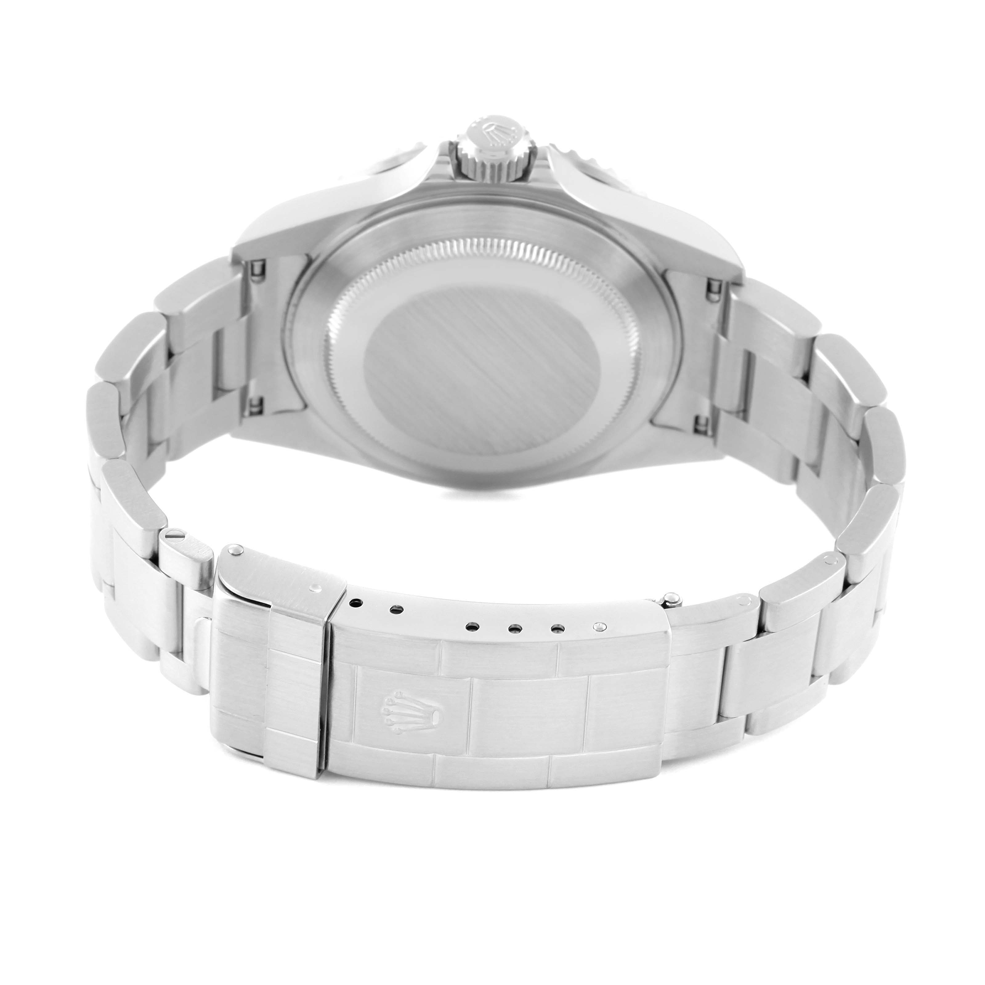 This image shows the backside and bracelet of a Rolex Submariner 16610 Men's Stainless Steel Black Dial 16610 Men's Stainless Steel Black Dial watch from a rear angle.