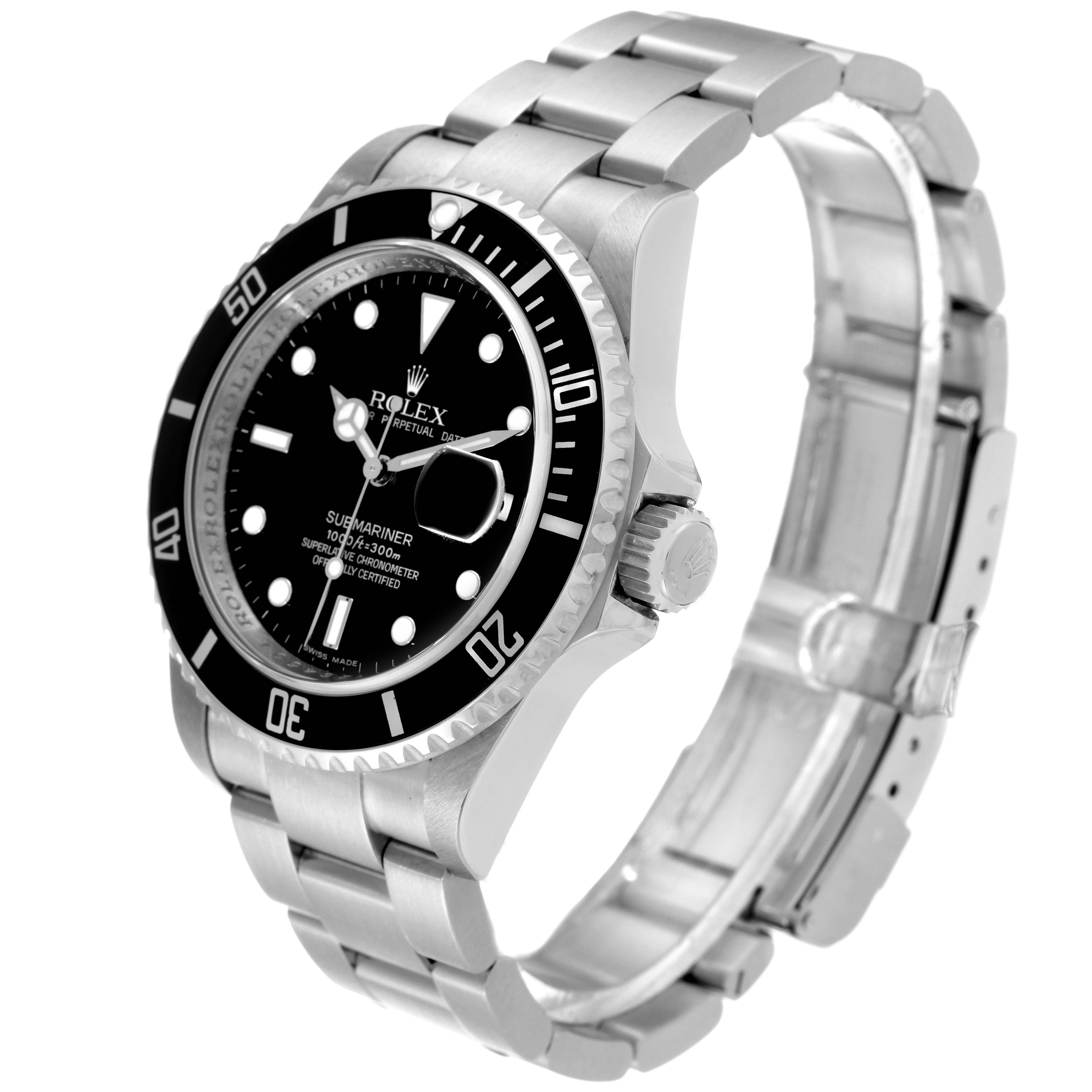 The image shows a Rolex Submariner 16610 Men's Stainless Steel Black Dial 16610 Men's Stainless Steel Black Dial watch from an angled side view, highlighting its bezel, dial, crown, and bracelet.