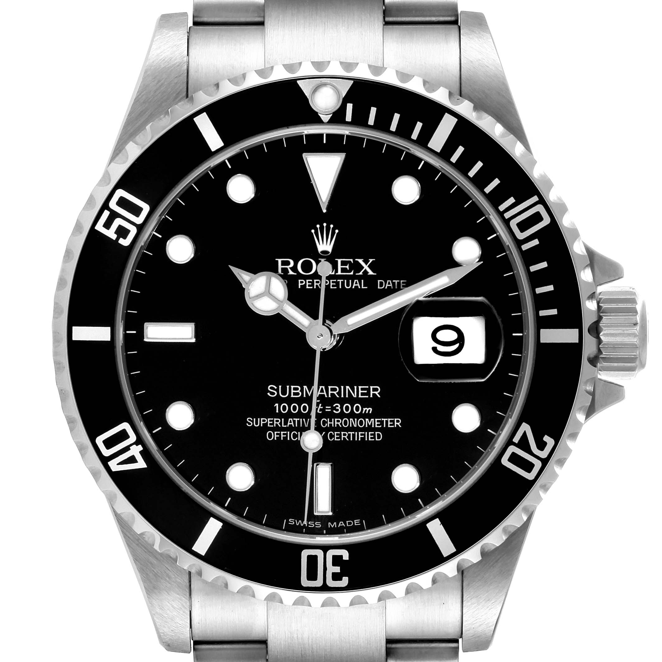 This is a front view of a Rolex Submariner 16610 Men's Stainless Steel Black Dial 16610 Men's Stainless Steel Black Dial watch, showing the dial, bezel, crown, and part of the bracelet.