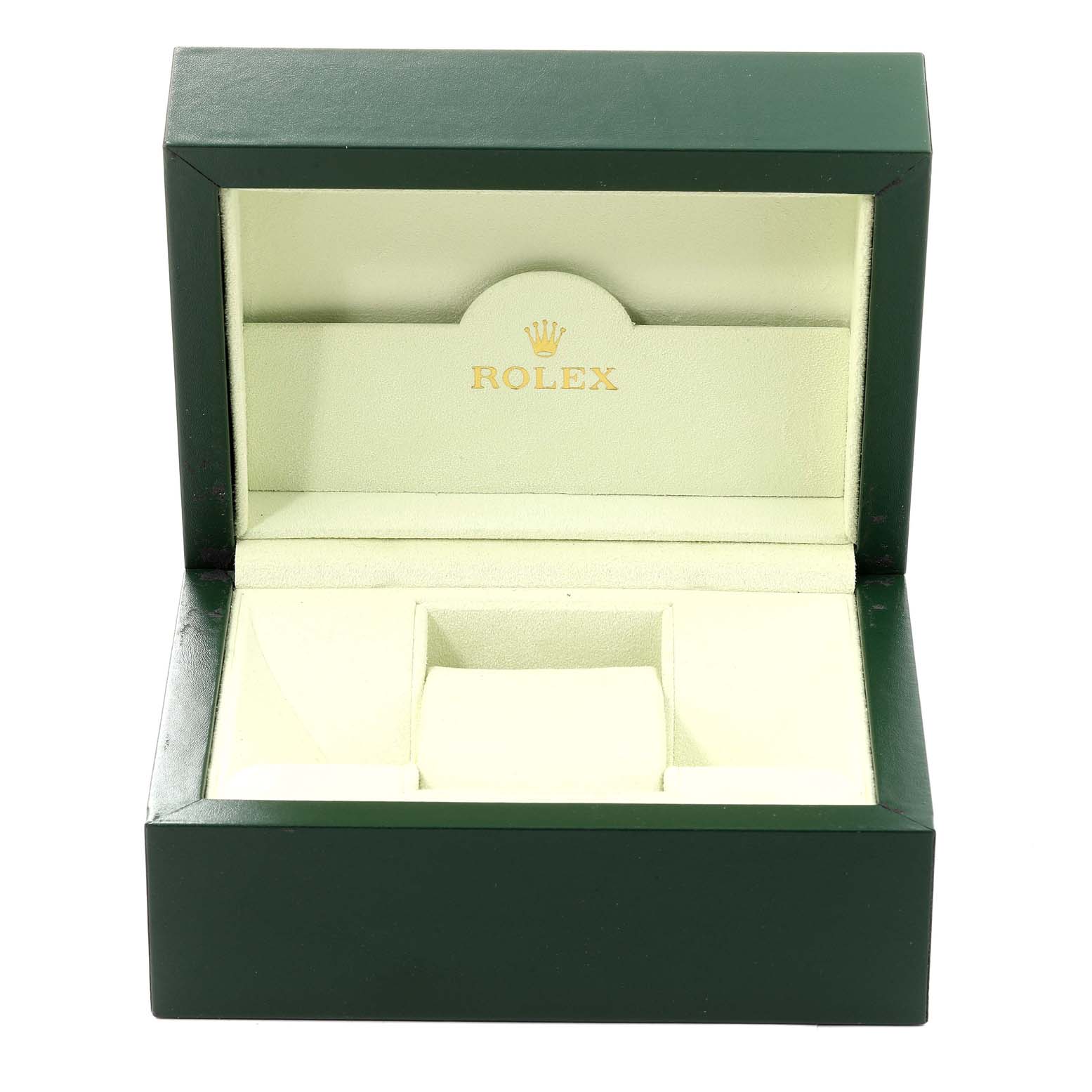 This is an open box for a Rolex Submariner 16610 Men's Stainless Steel Black Dial 16610 Men's Stainless Steel Black Dial watch, viewed from the front.